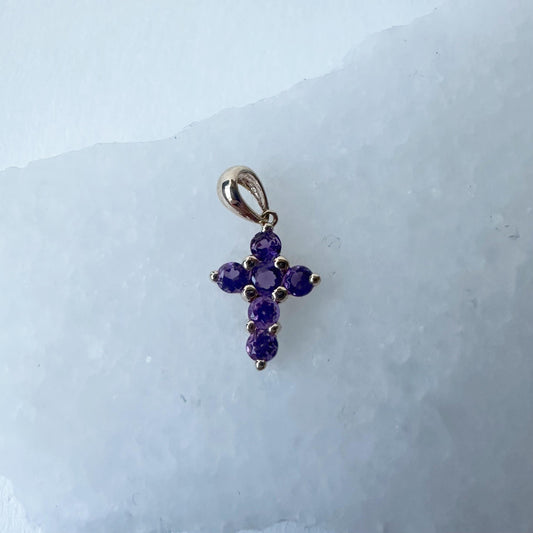 14K Solid Gold Genuine Amethyst Small Cross Pendant (pendant only)