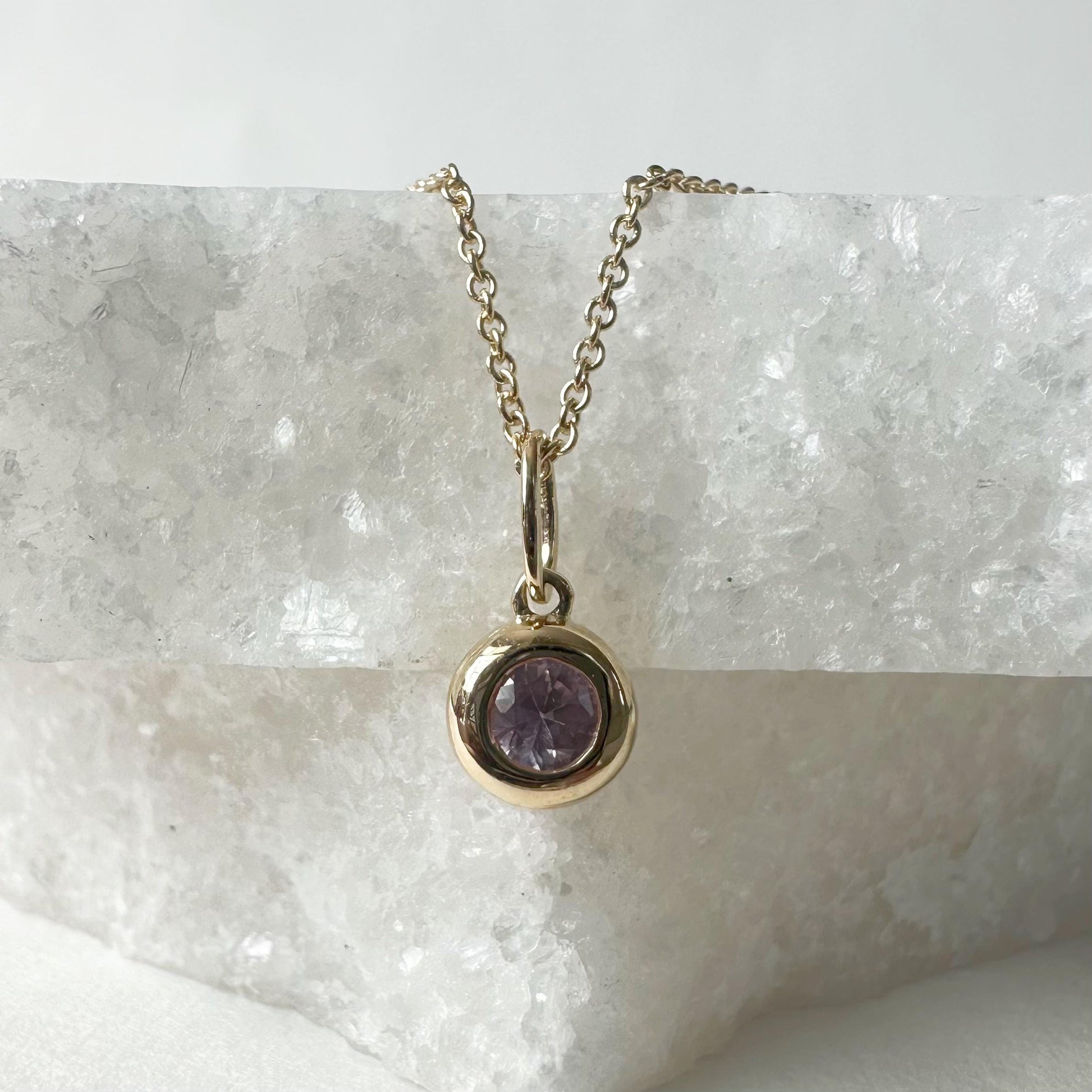 14K Solid Gold Genuine Bezel Pink Sapphire Pendant