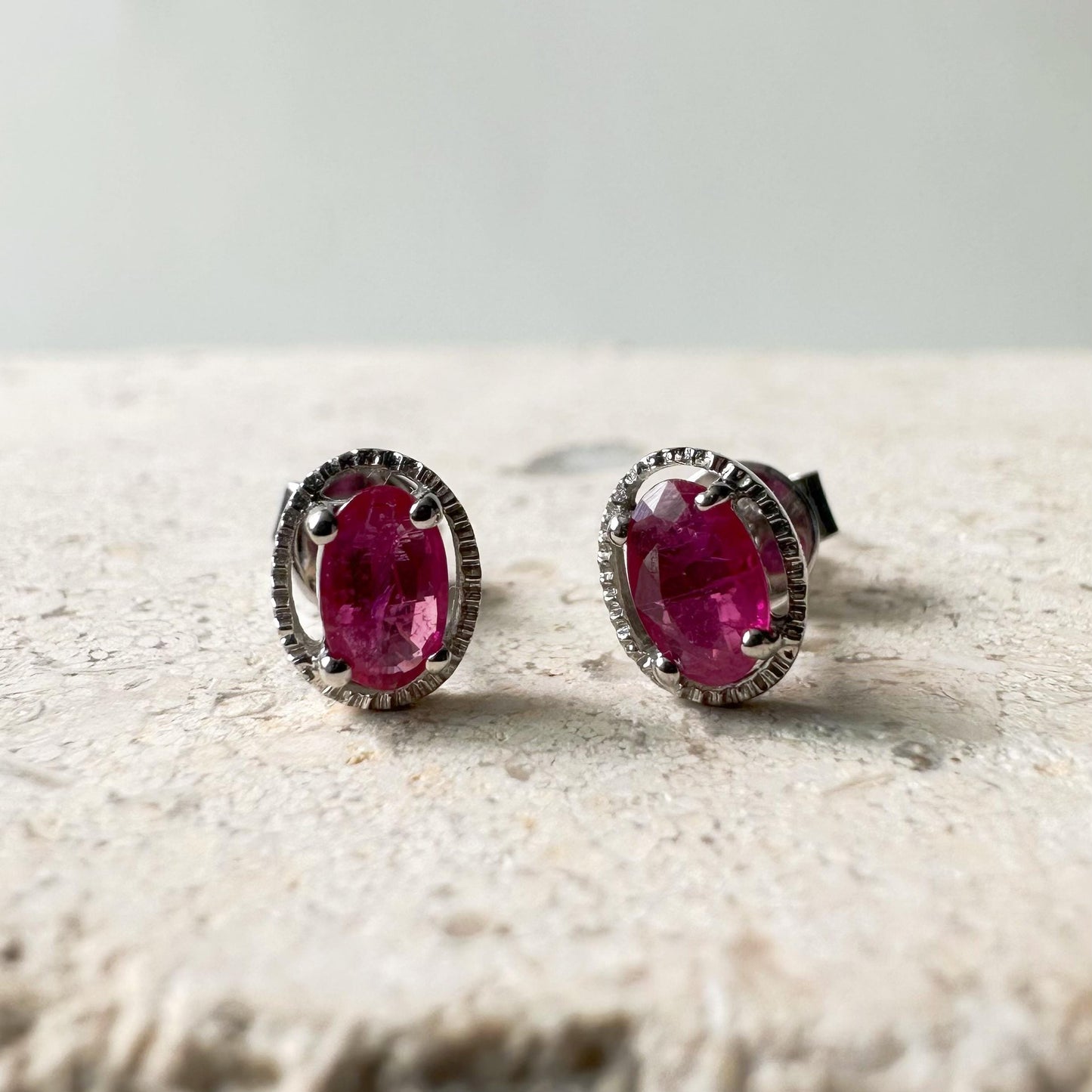 14K Solid White Gold Genuine Oval Ruby Fancy Studs/Pair