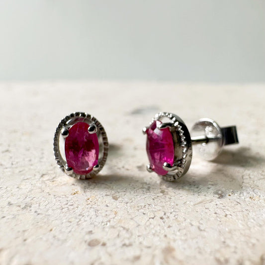14K Solid White Gold Genuine Oval Ruby Fancy Studs/Pair