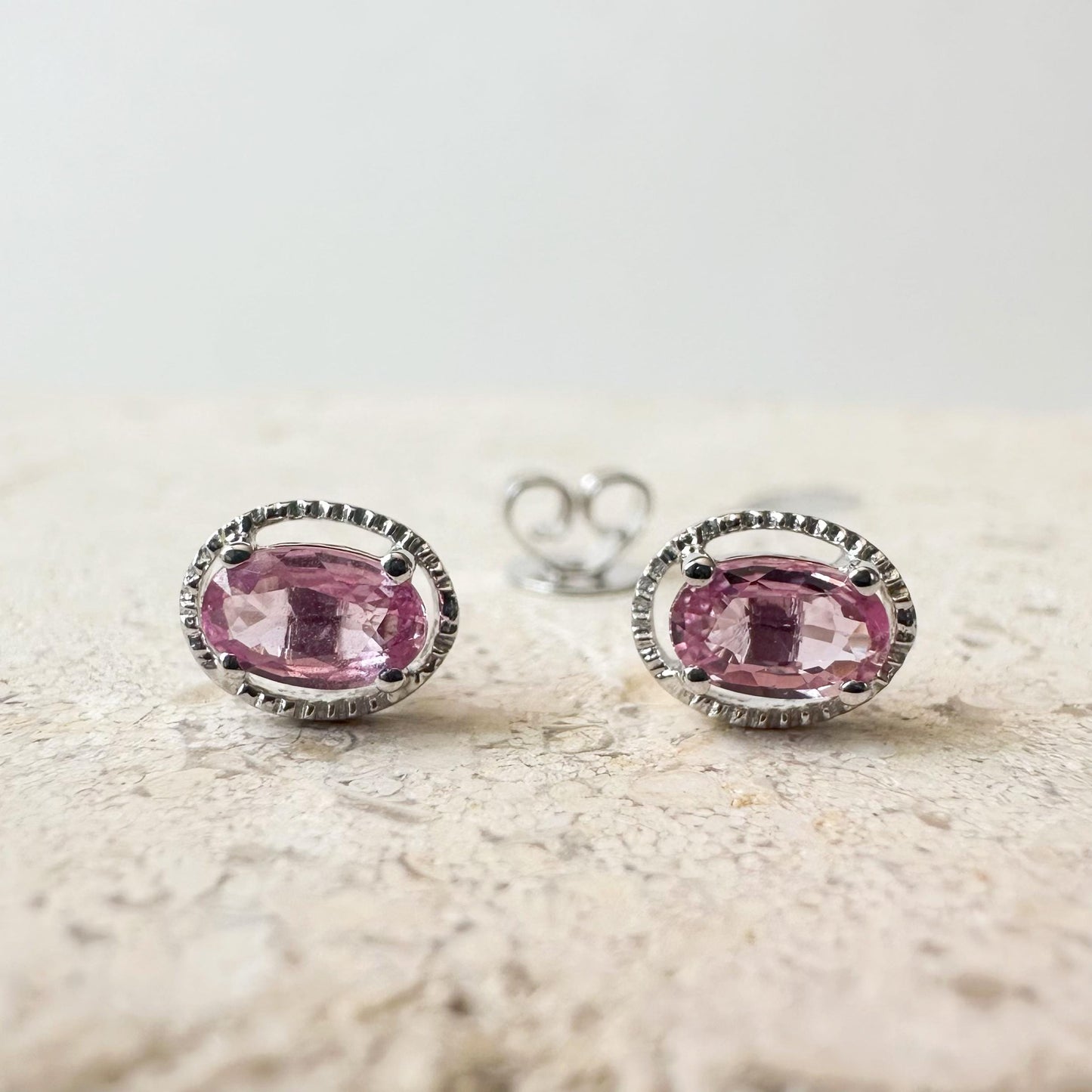 18K Solid Gold Genuine Oval Pink Sapphire Fancy Studs/Pair