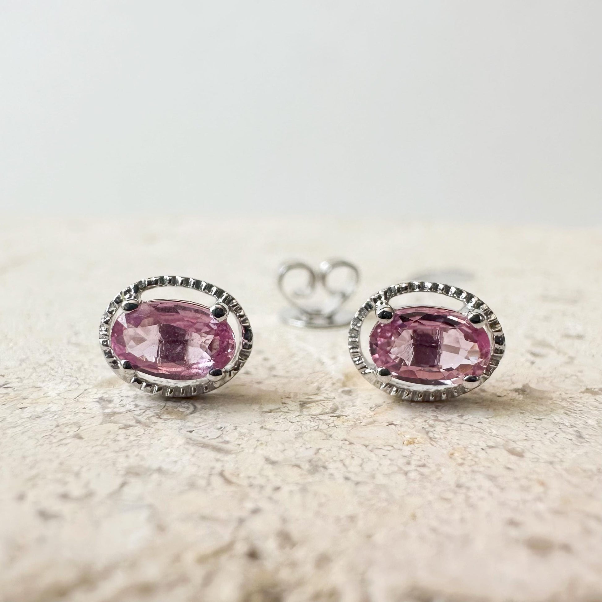 18K Solid Gold Genuine Oval Pink Sapphire Fancy Studs/Pair