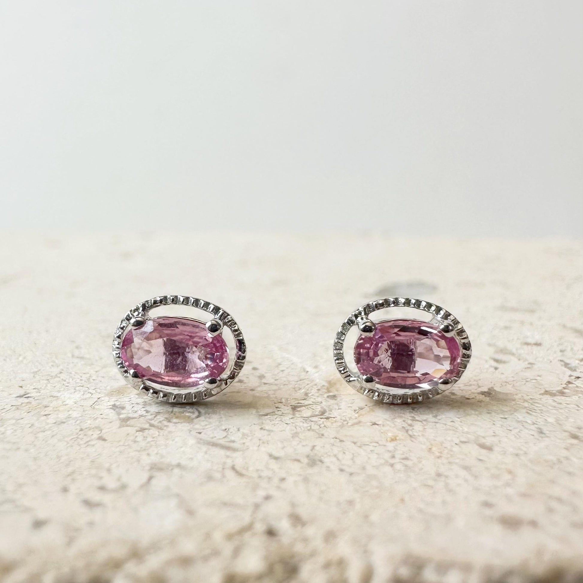 18K Solid Gold Genuine Oval Pink Sapphire Fancy Studs/Pair