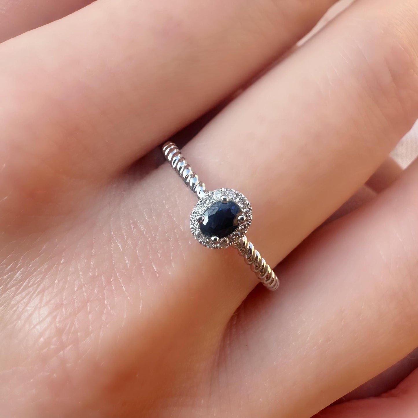 14K Solid White Gold Genuine Halo Sapphire and Diamond Rope Ring