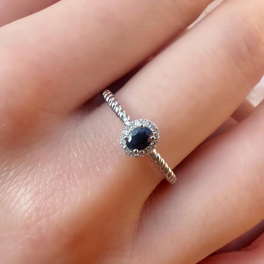 14K Solid White Gold Genuine Halo Sapphire and Diamond Rope Ring