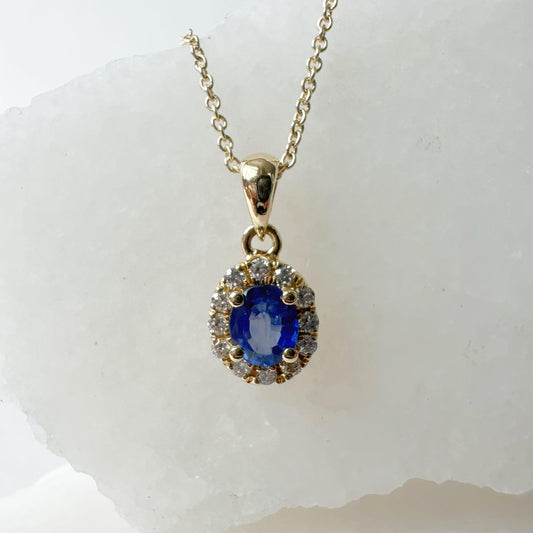 14K Solid Gold Genuine Diamond and Sapphire Pendant