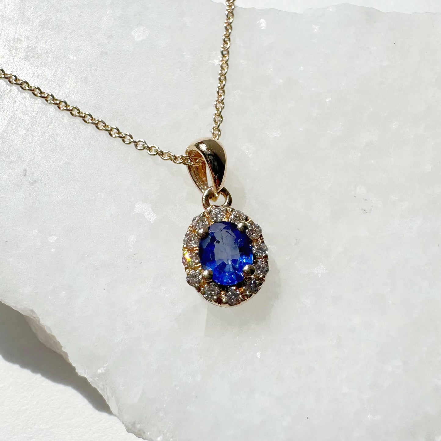 14K Solid Gold Genuine Diamond and Sapphire Pendant