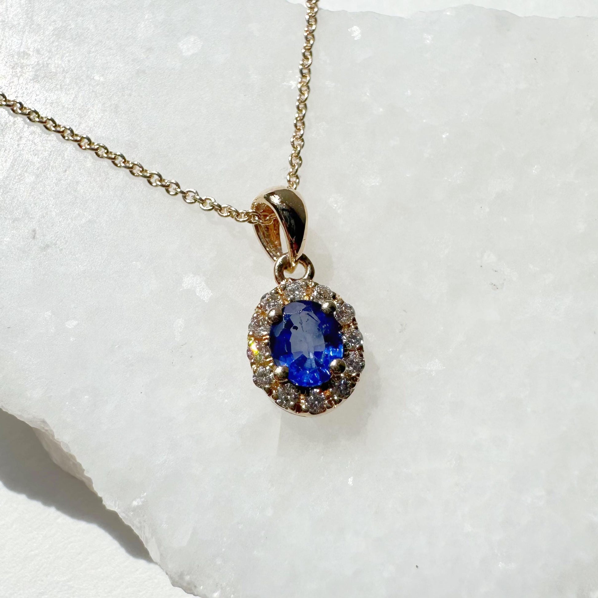 14K Solid Gold Genuine Diamond and Sapphire Pendant