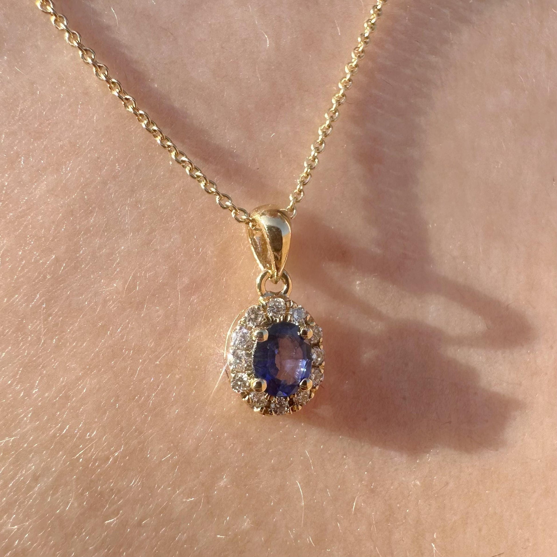 14K Solid Gold Genuine Diamond and Sapphire Pendant