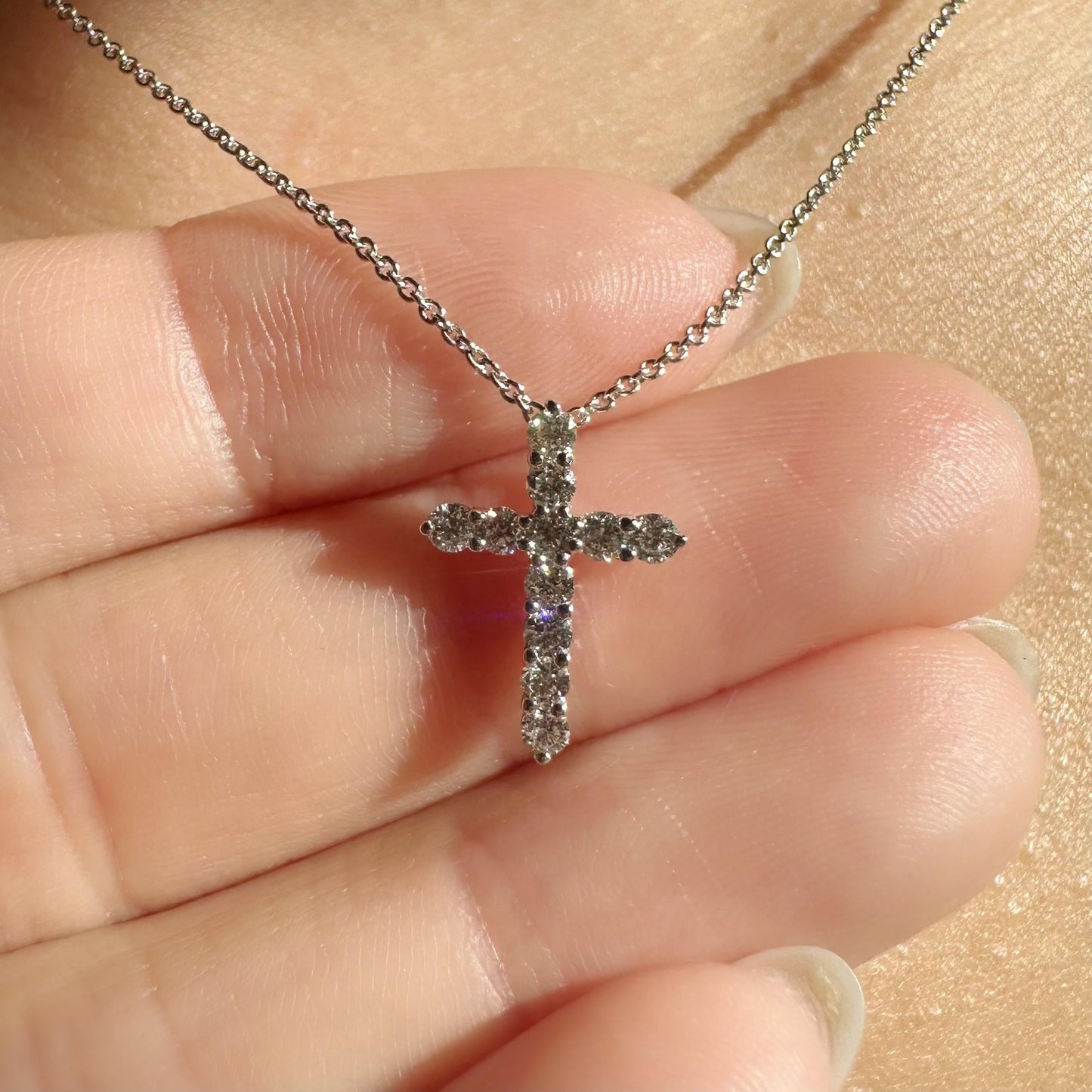 14K Solid Gold Genuine Round Diamond Cross Necklace
