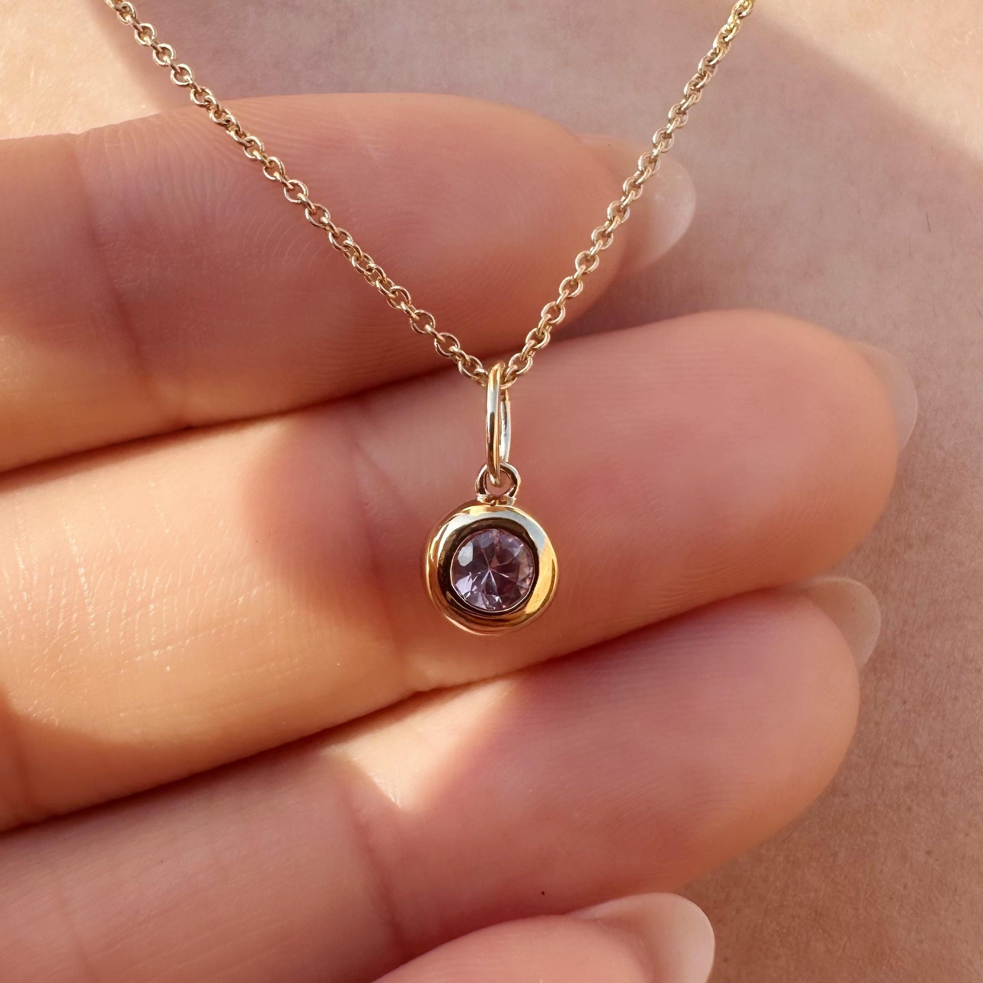 14K Solid Gold Genuine Bezel Pink Sapphire Pendant