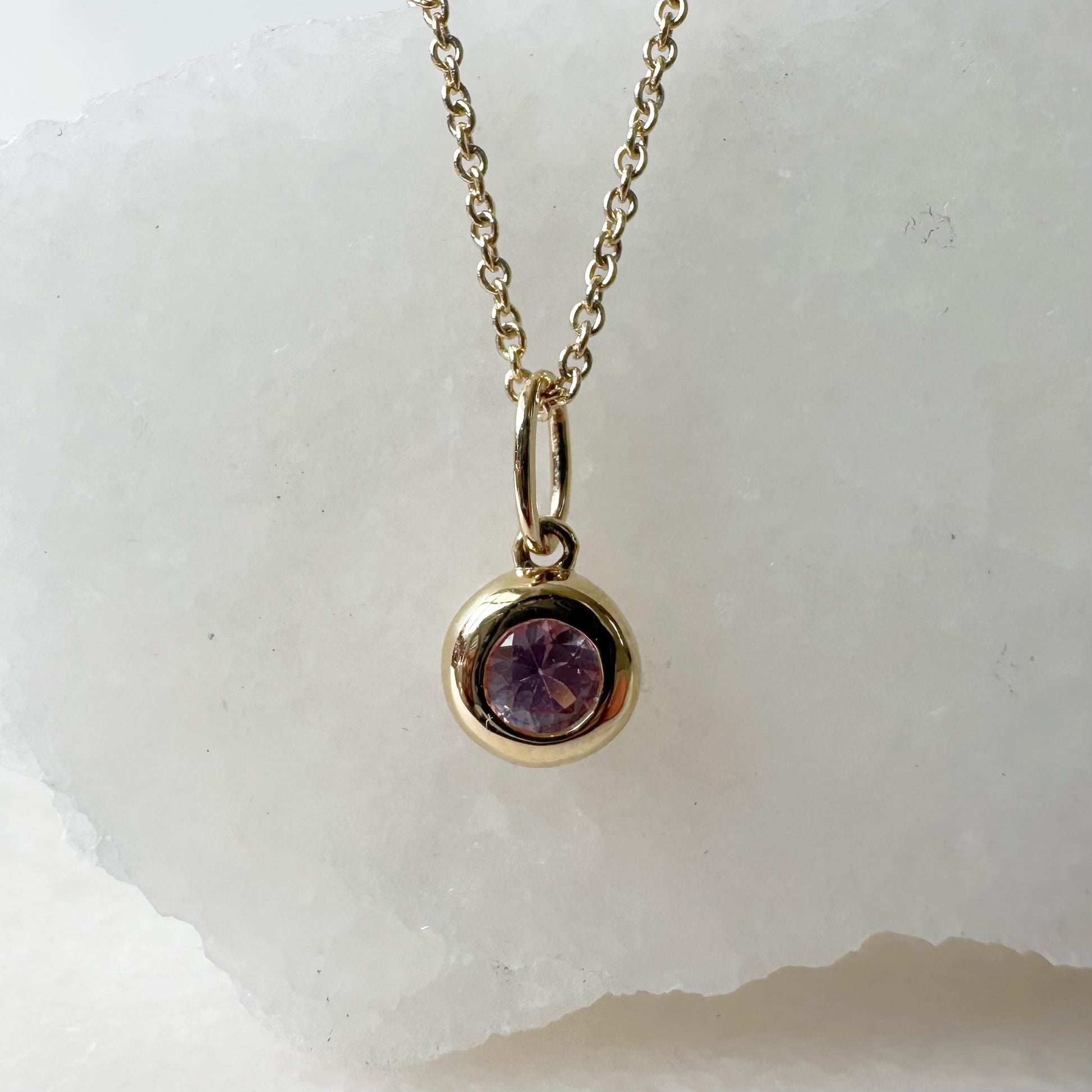 14K Solid Gold Genuine Bezel Pink Sapphire Pendant
