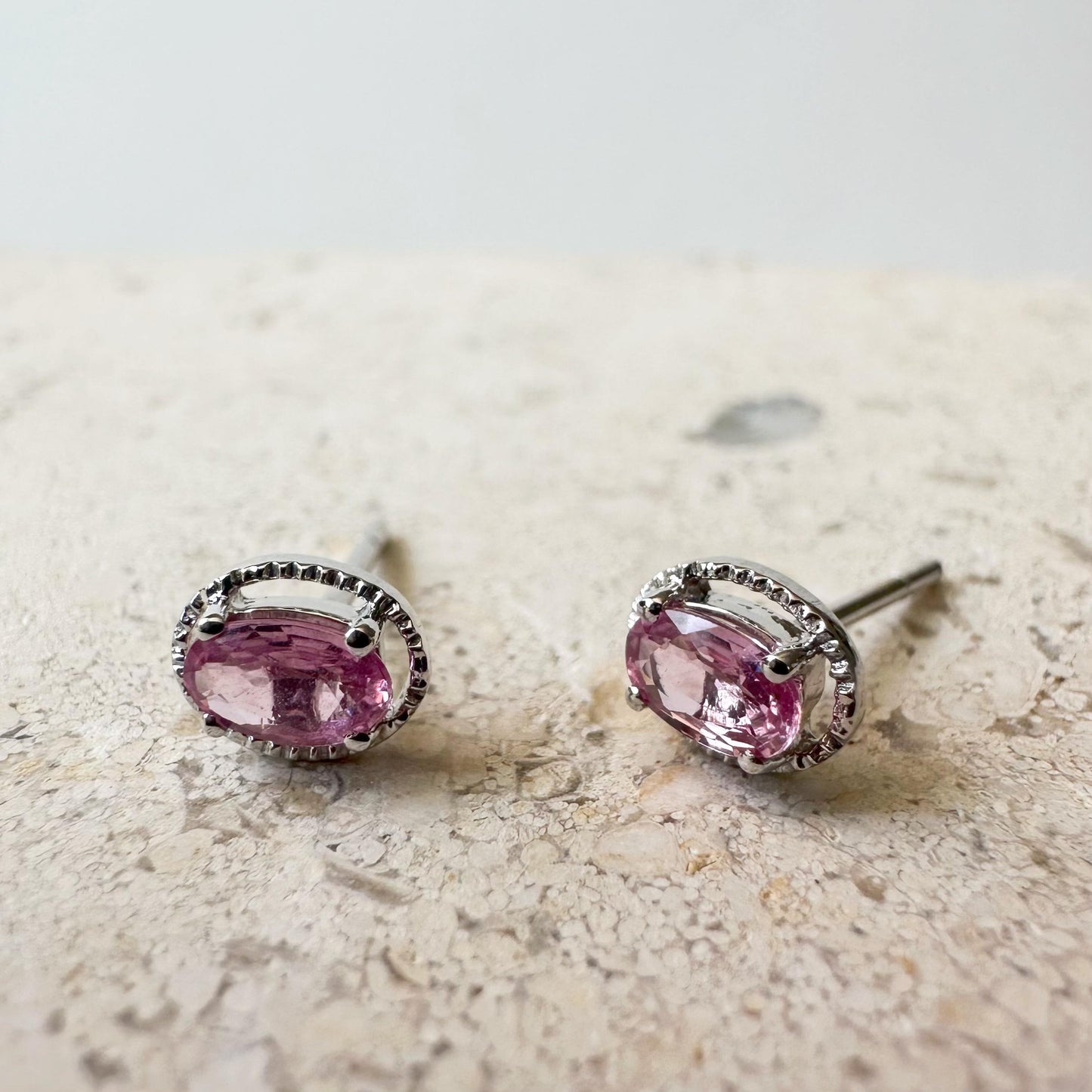 18K Solid Gold Genuine Oval Pink Sapphire Fancy Studs/Pair
