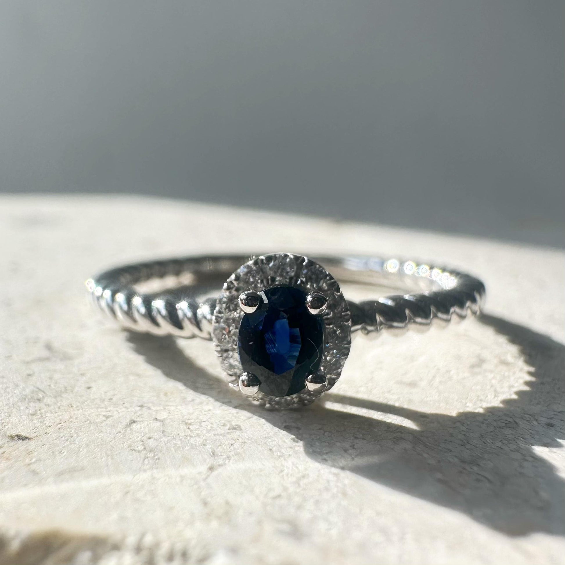 14K Solid White Gold Genuine Halo Sapphire and Diamond Rope Ring