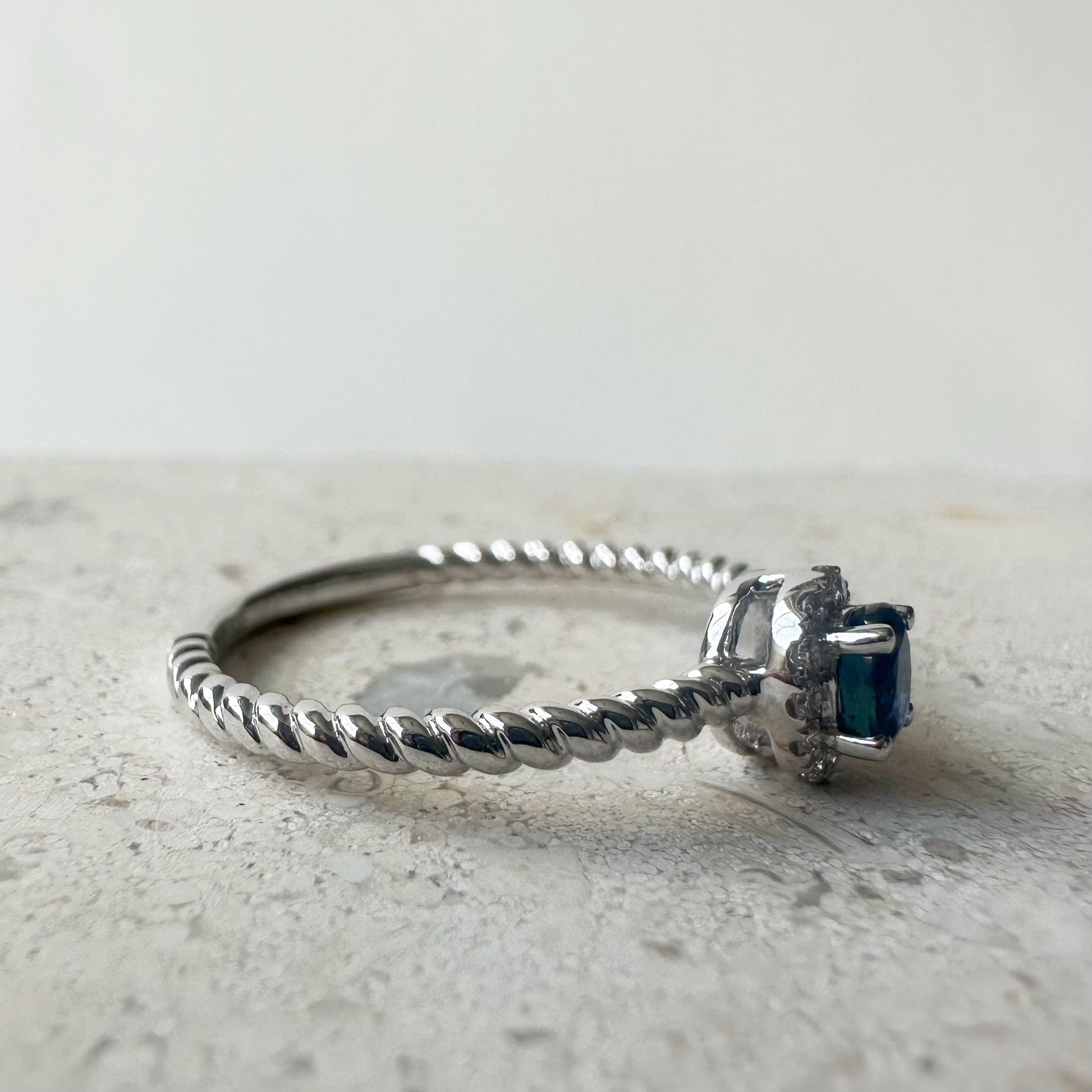 14K Solid White Gold Genuine Halo Sapphire and Diamond Rope Ring