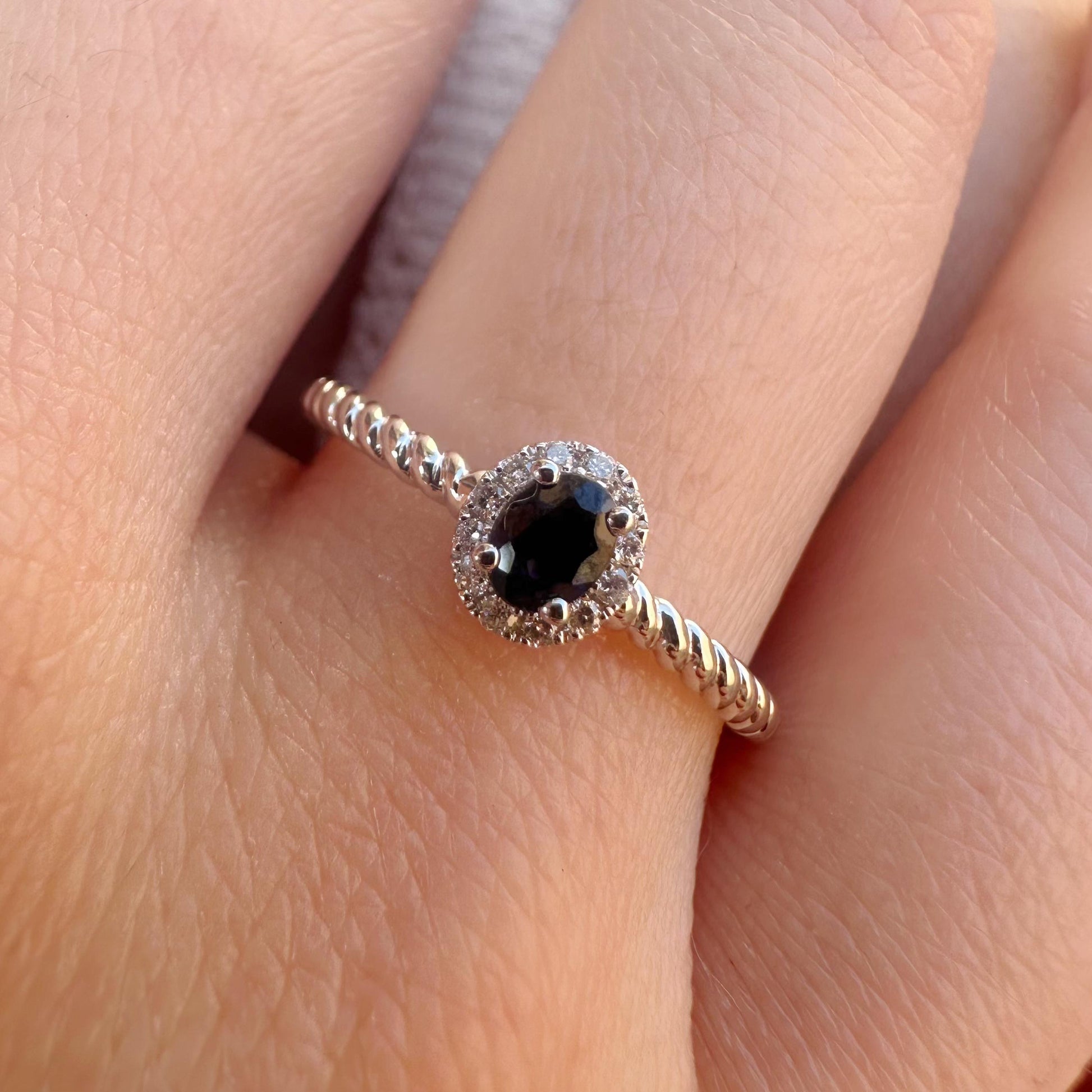 14K Solid White Gold Genuine Halo Sapphire and Diamond Rope Ring