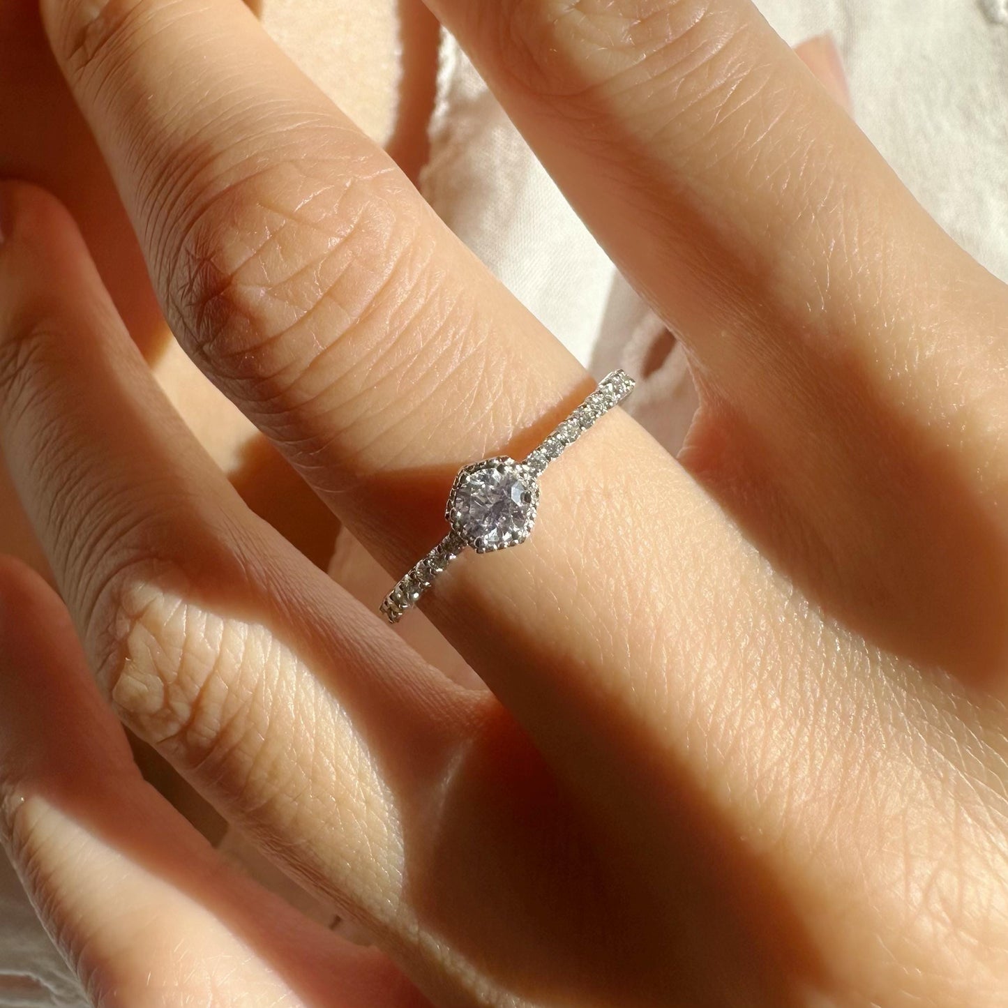 18K Solid White Gold Genuine Round Diamond Hexagon Ring