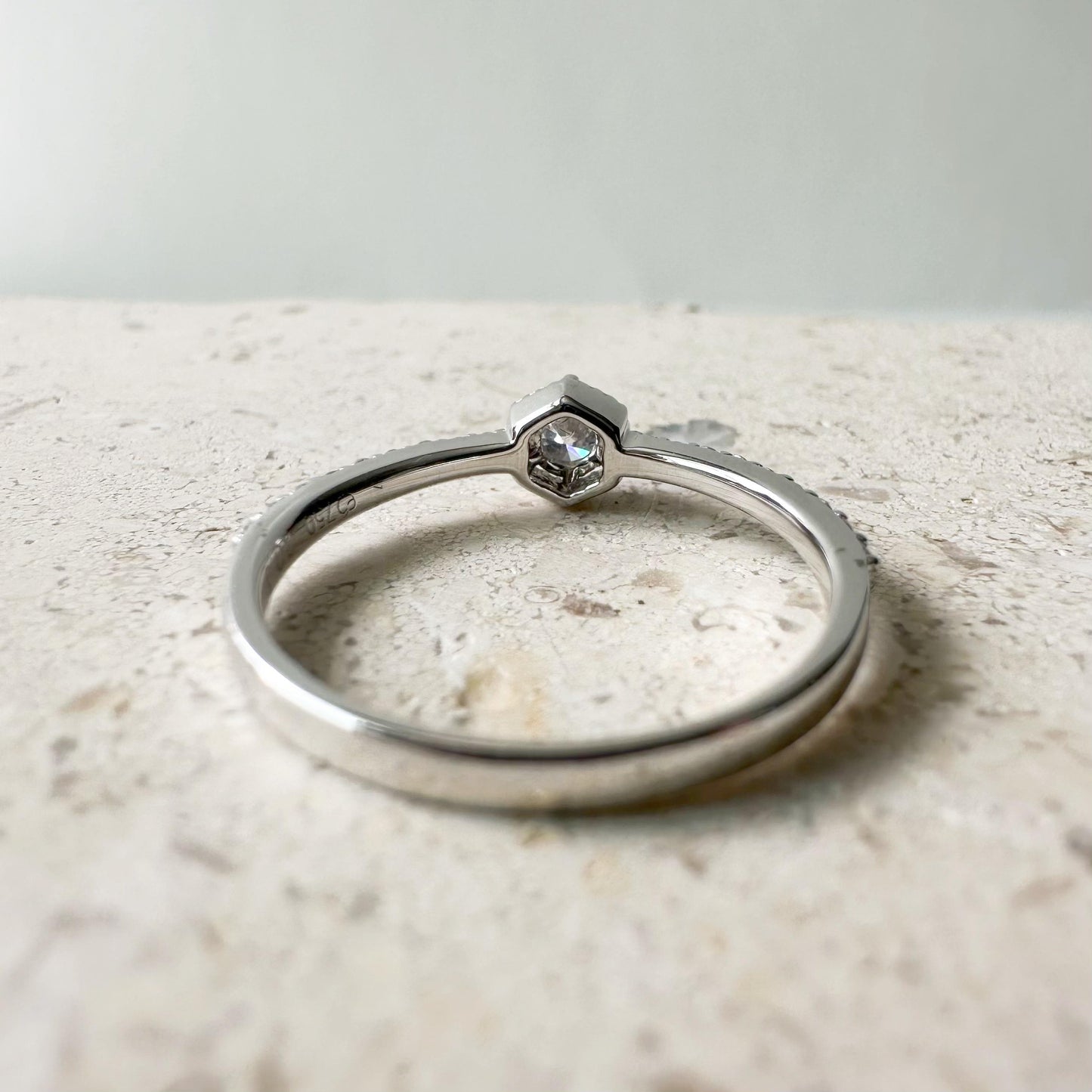 18K Solid White Gold Genuine Round Diamond Hexagon Ring