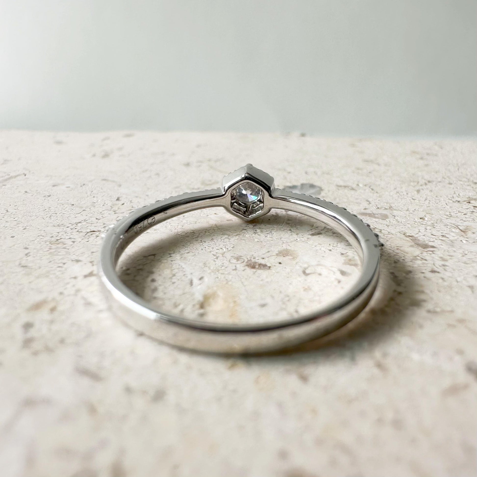 18K Solid White Gold Genuine Round Diamond Hexagon Ring