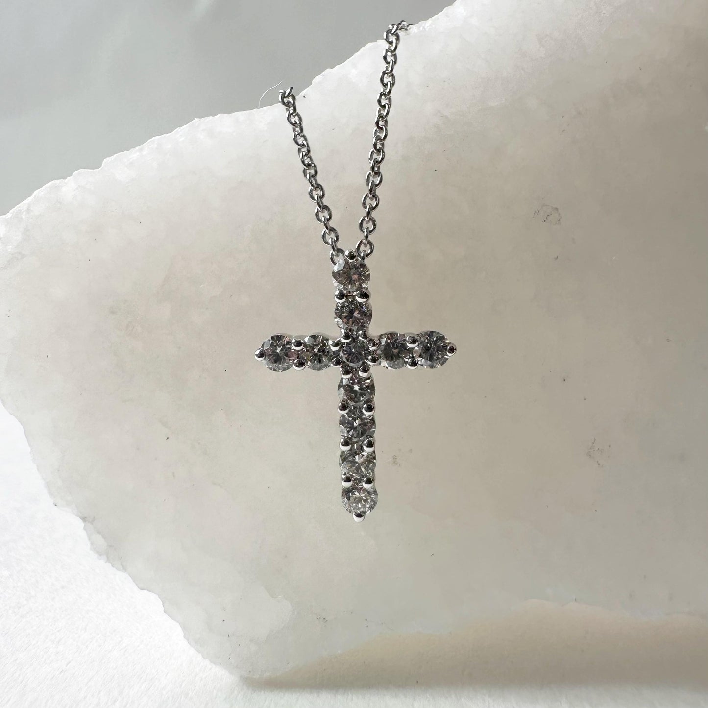 14K Solid Gold Genuine Round Diamond Cross Necklace