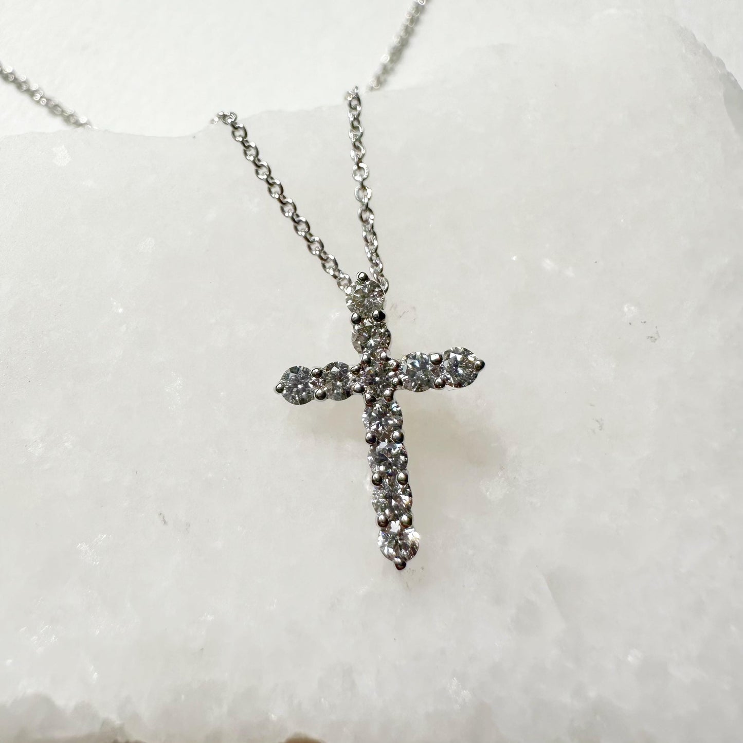 14K Solid Gold Genuine Round Diamond Cross Necklace