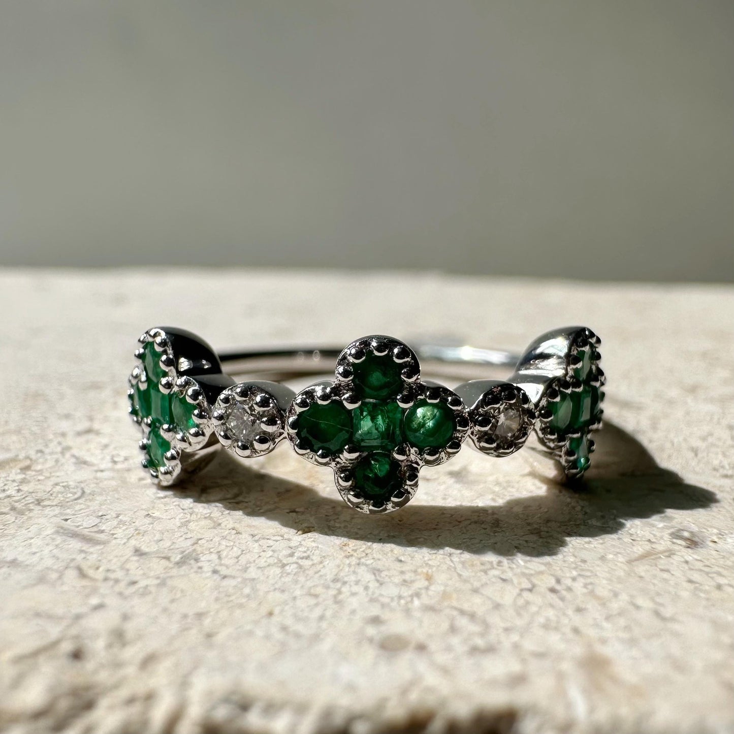14K White Gold Emerald Clover Ring, Natural Diamond Accent