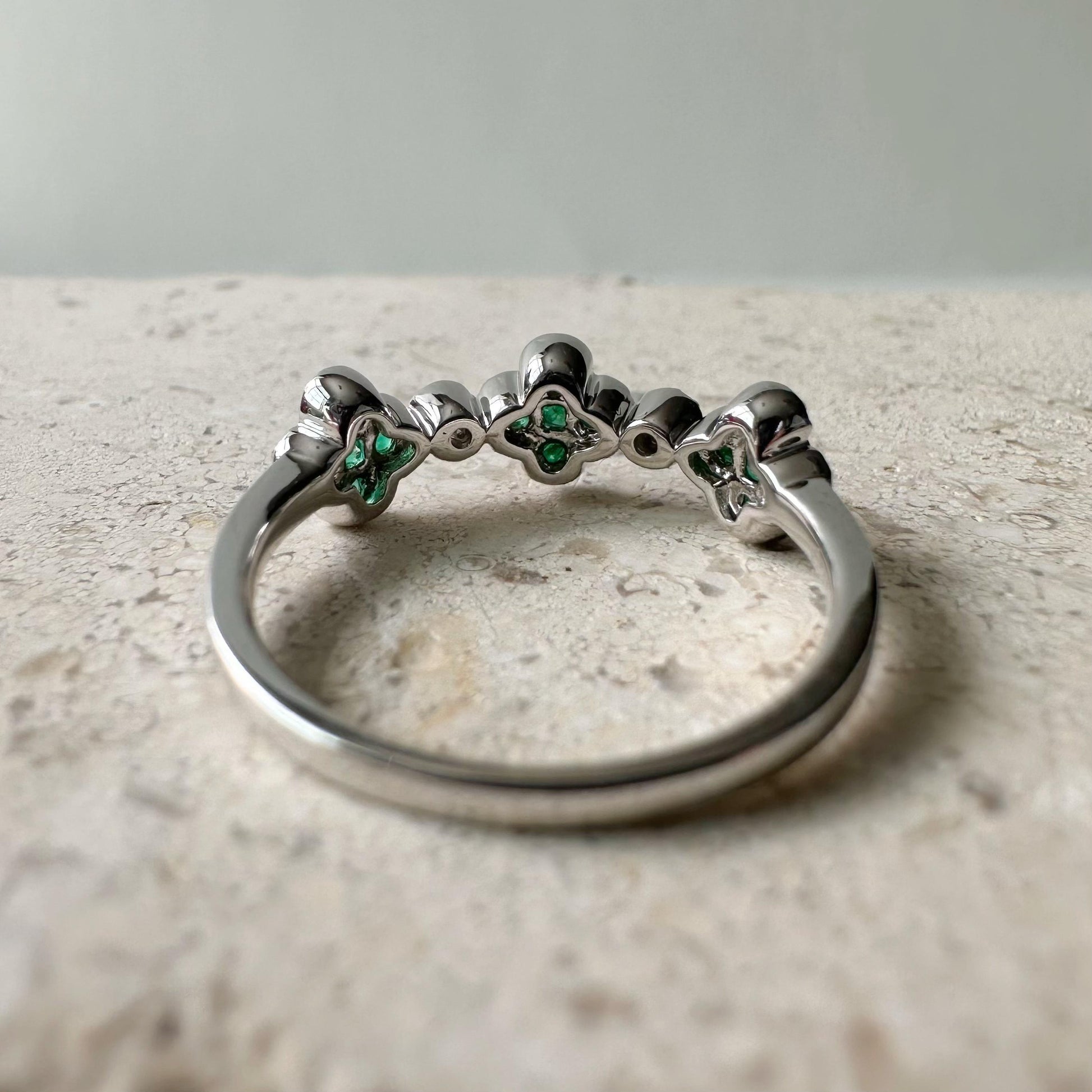 14K White Gold Emerald Clover Ring, Natural Diamond Accent