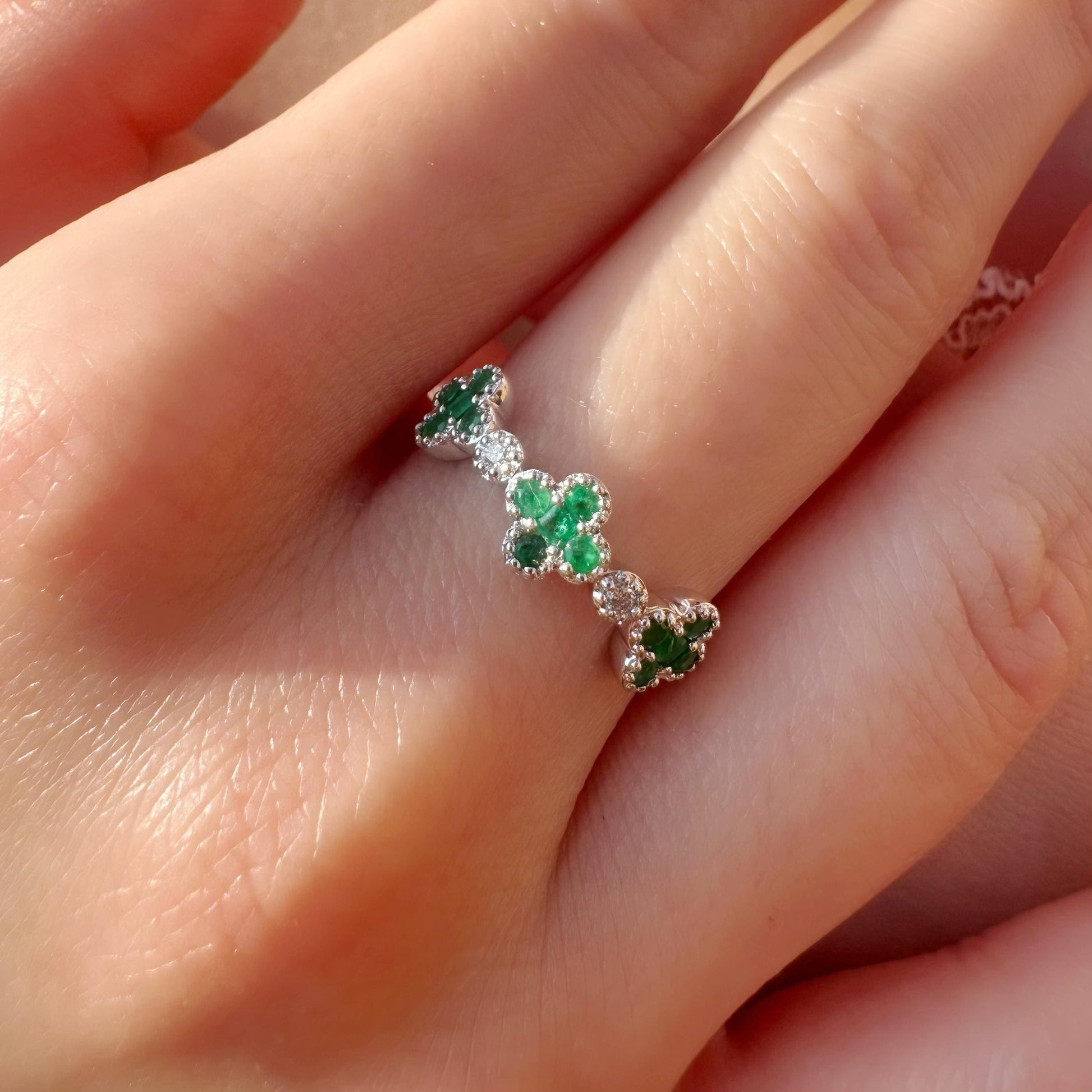 14K White Gold Emerald Clover Ring, Natural Diamond Accent