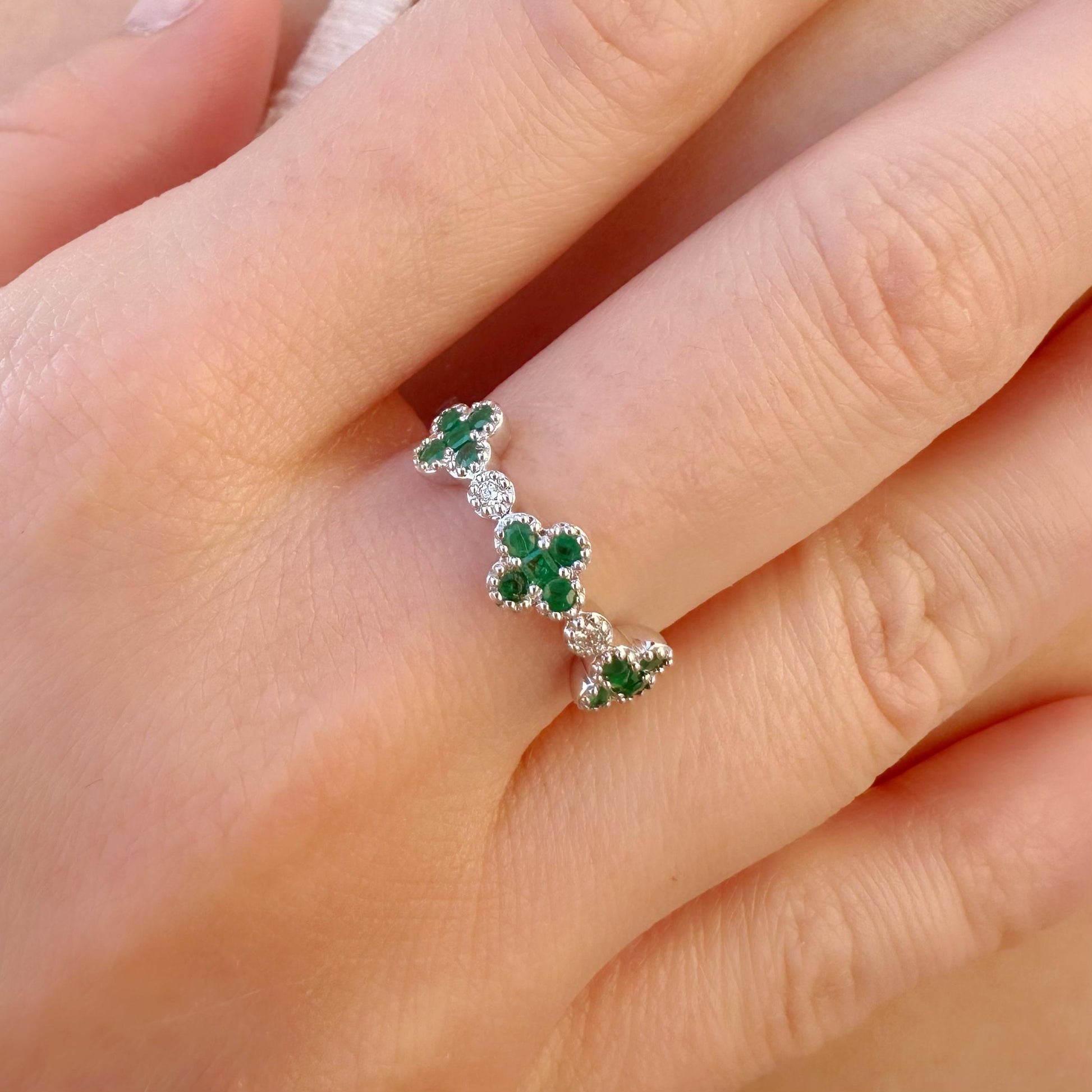 14K White Gold Emerald Clover Ring, Natural Diamond Accent