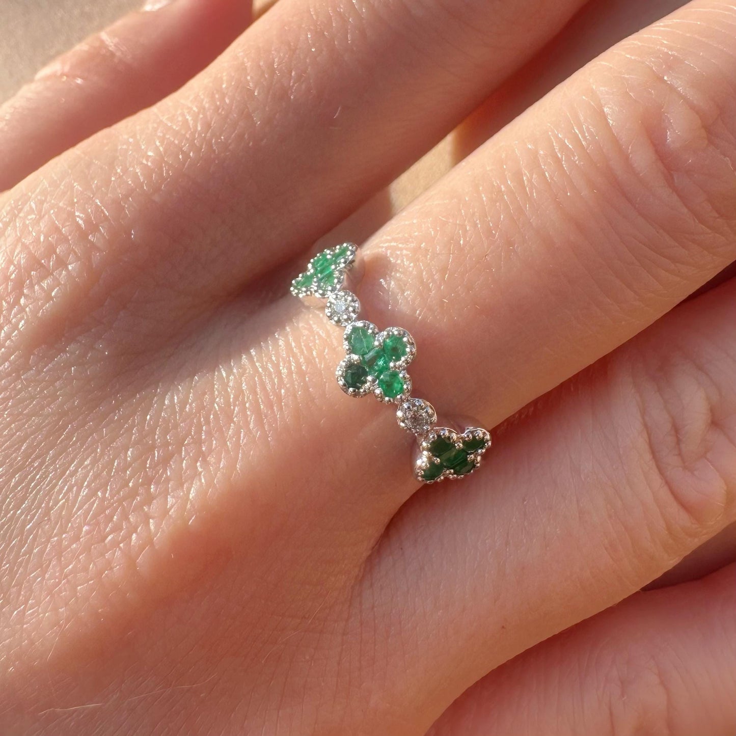 14K White Gold Emerald Clover Ring, Natural Diamond Accent