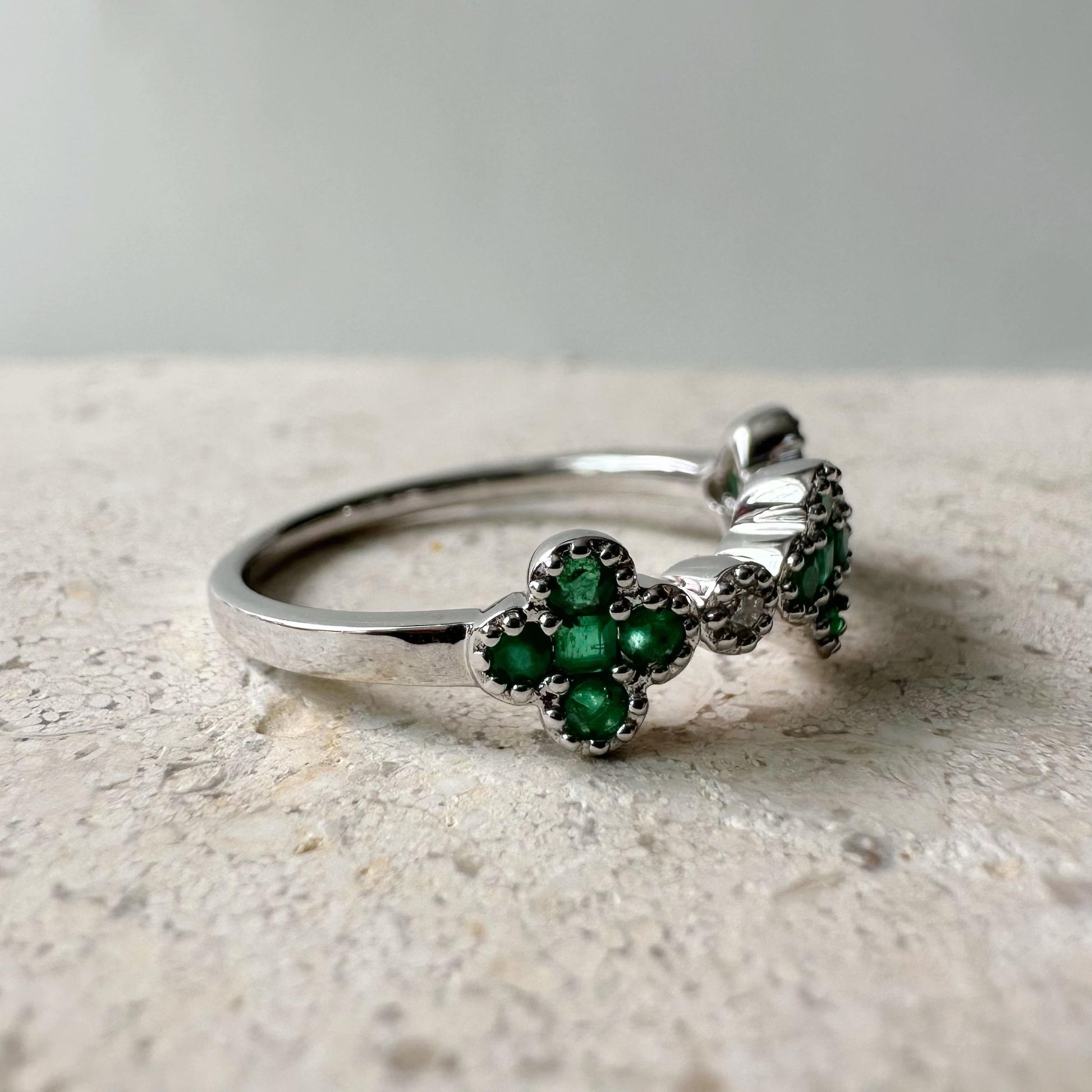 14K White Gold Emerald Clover Ring, Natural Diamond Accent