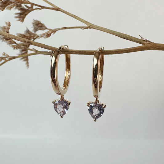 14K Solid Gold Genuine Lavender/Purple Sapphire Heart Huggies/Hoops/Pair