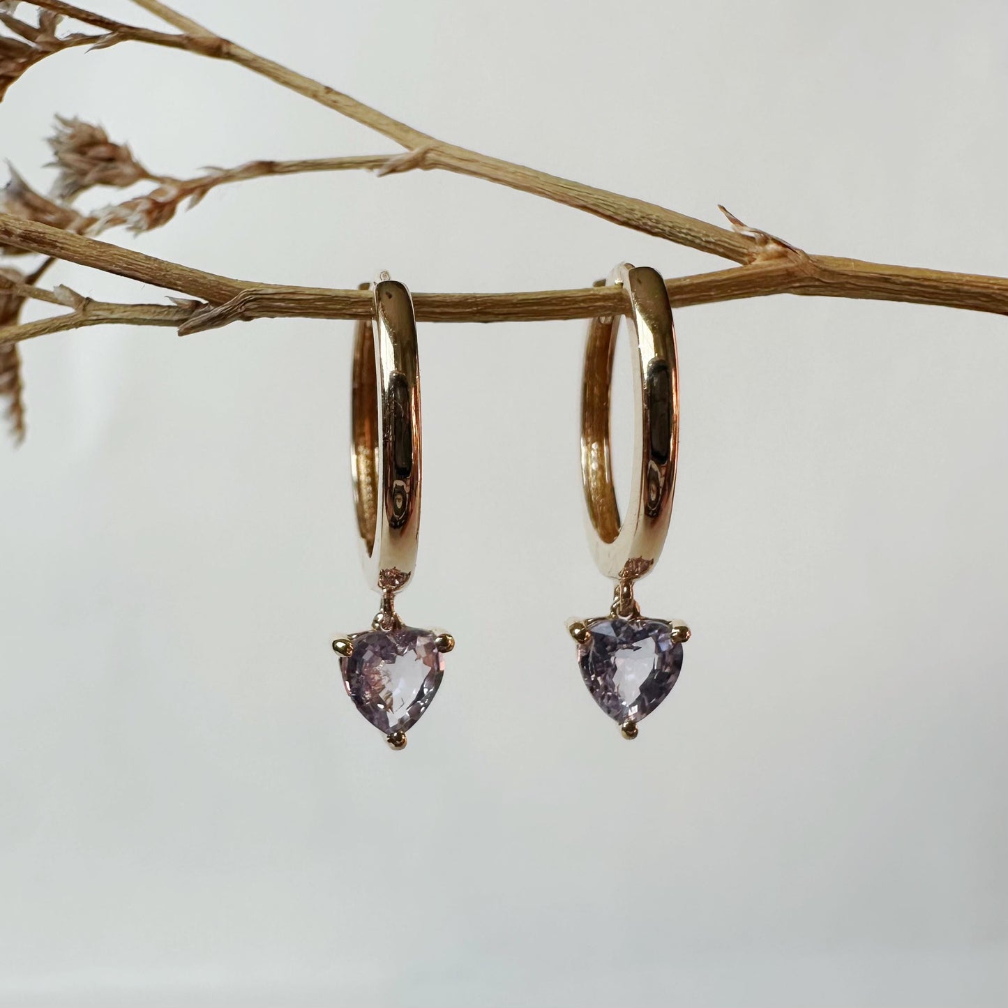 14K Solid Gold Genuine Lavender/Purple Sapphire Heart Huggies/Hoops/Pair