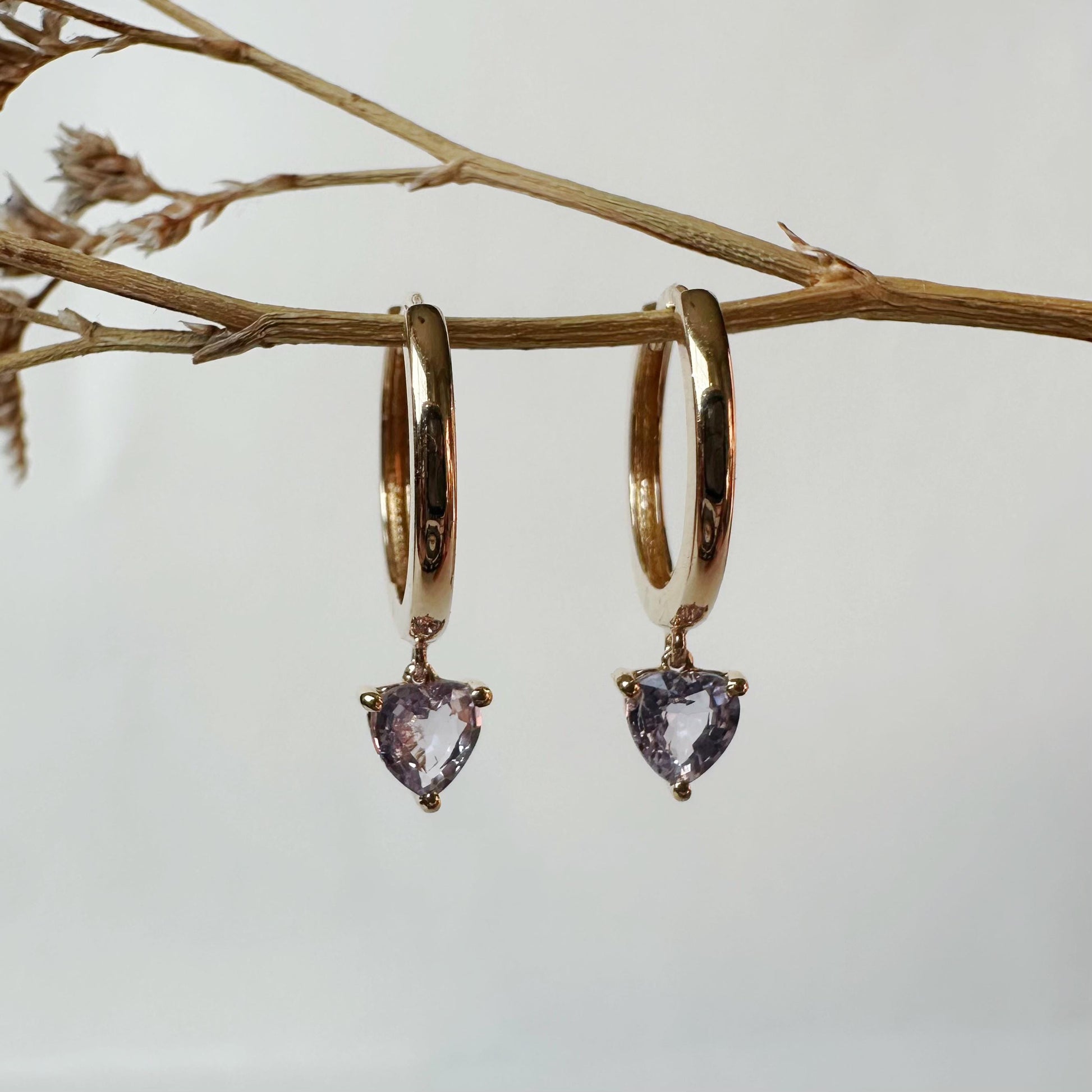 14K Solid Gold Genuine Lavender/Purple Sapphire Heart Huggies/Hoops/Pair