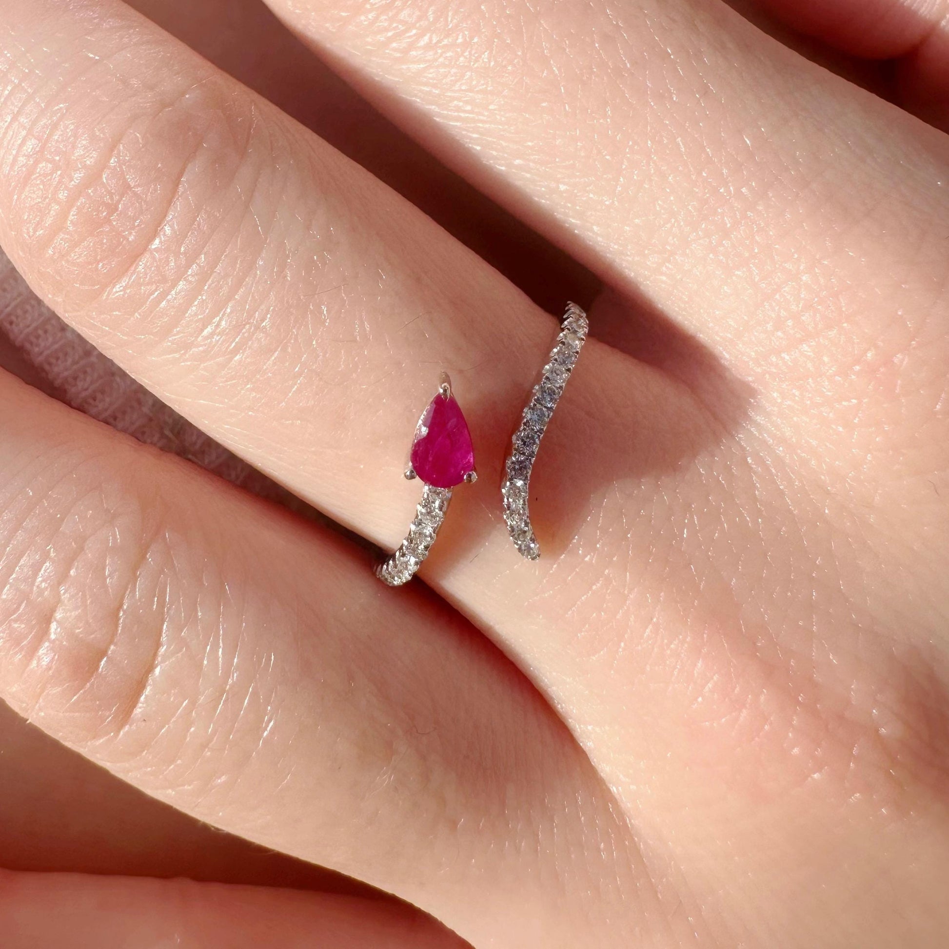 14K Solid White Gold Genuine Teardrop Ruby and Diamond Open Ring