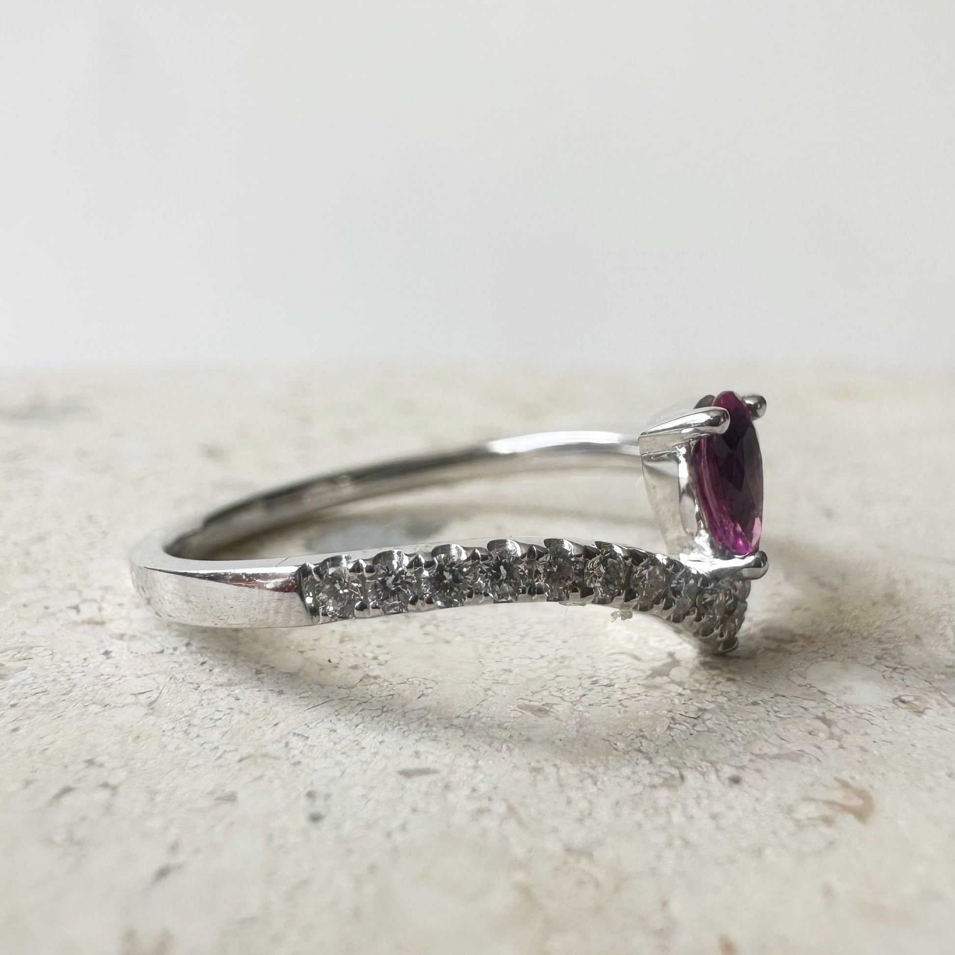 14K Solid White Gold Genuine Teardrop Ruby and Diamond Wishbone Ring