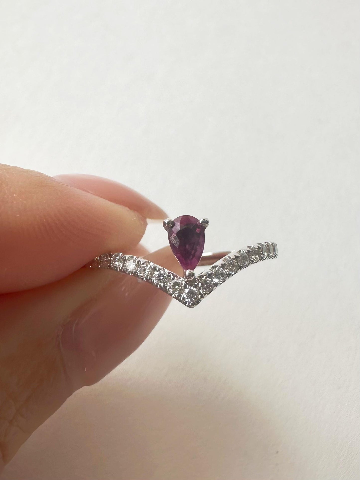 14K Solid White Gold Genuine Teardrop Ruby and Diamond Wishbone Ring