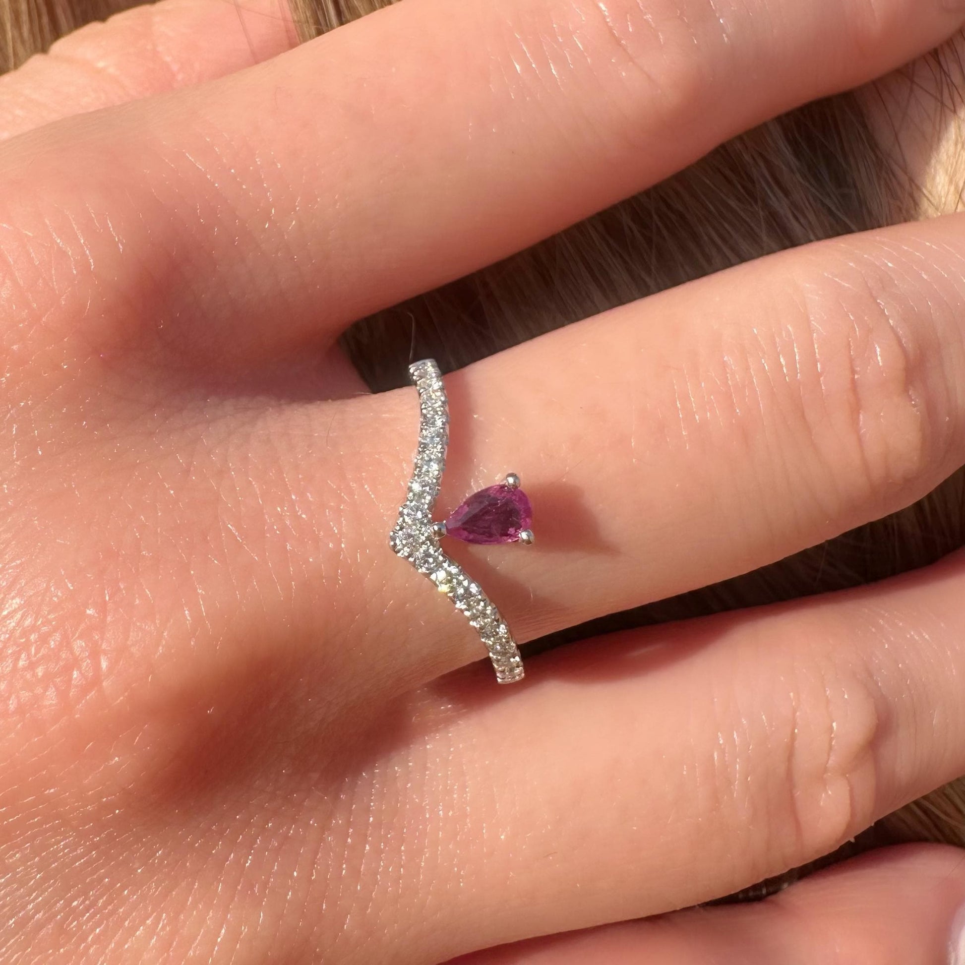 14K Solid White Gold Genuine Teardrop Ruby and Diamond Wishbone Ring