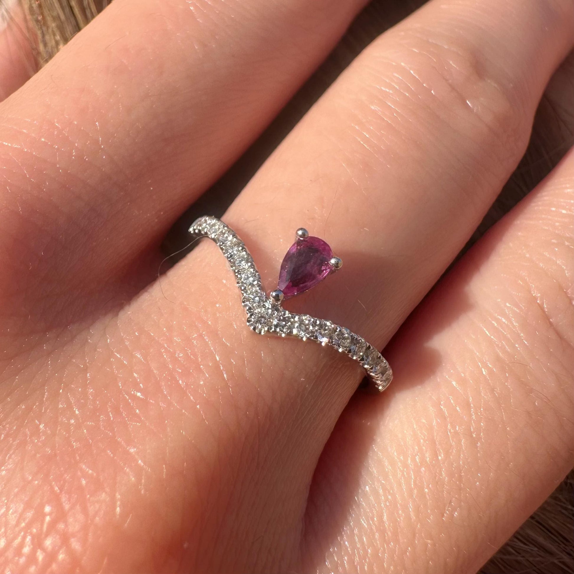 14K Solid White Gold Genuine Teardrop Ruby and Diamond Wishbone Ring