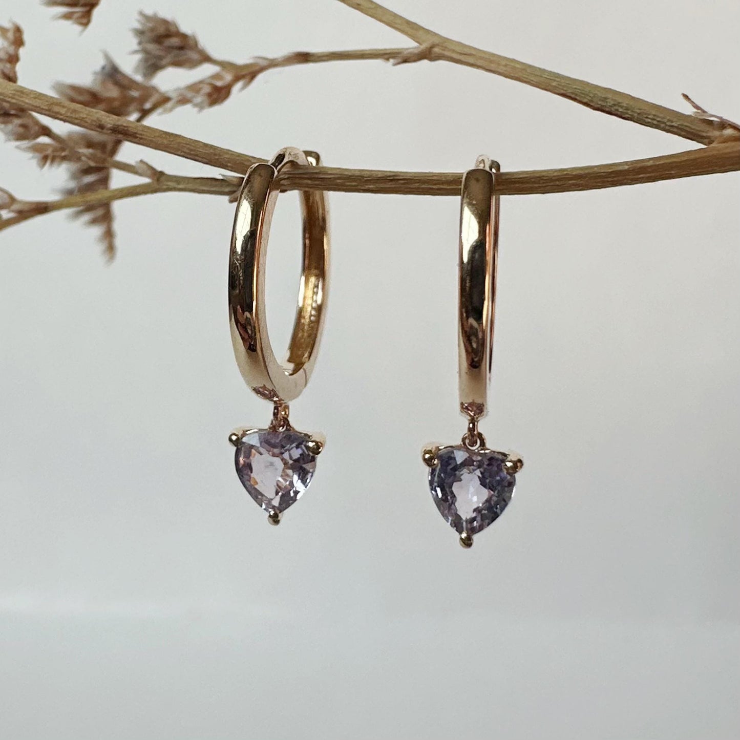 14K Solid Gold Genuine Lavender/Purple Sapphire Heart Huggies/Hoops/Pair