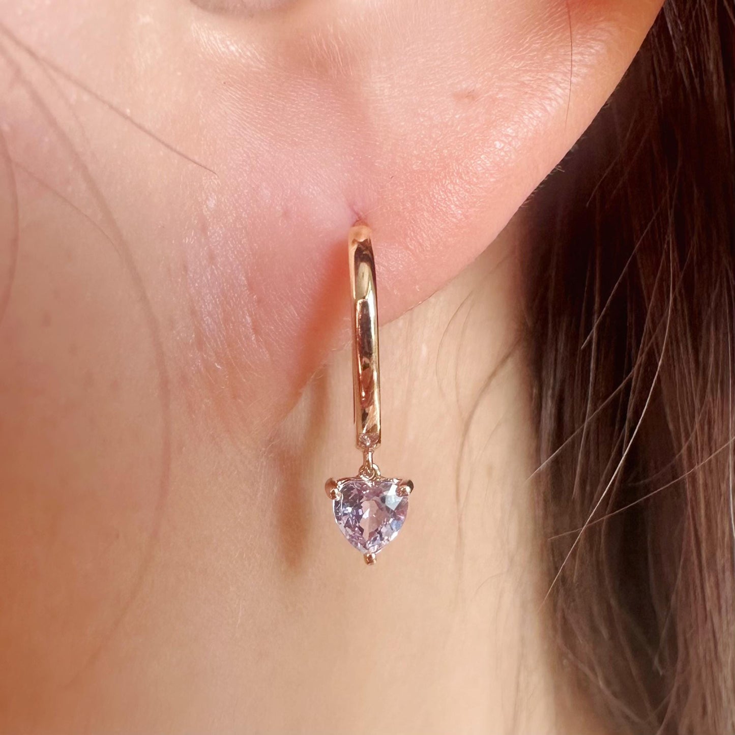 14K Solid Gold Genuine Lavender/Purple Sapphire Heart Huggies/Hoops/Pair