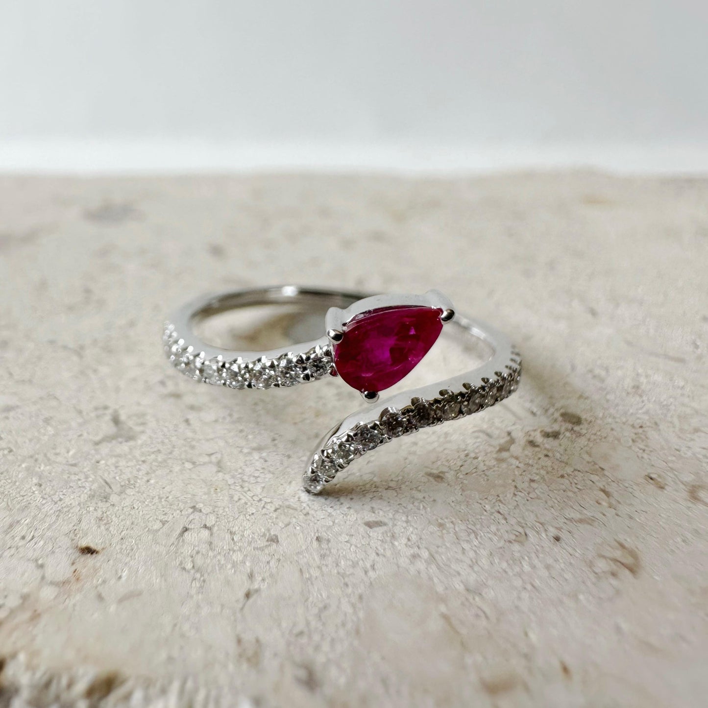 14K Solid White Gold Genuine Teardrop Ruby and Diamond Open Ring