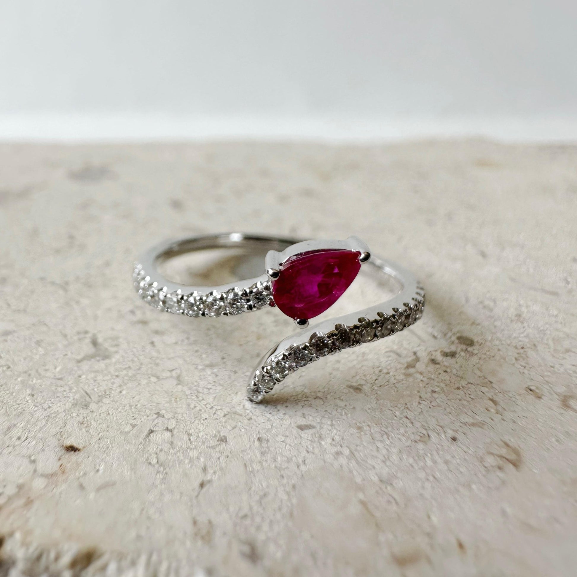 14K Solid White Gold Genuine Teardrop Ruby and Diamond Open Ring