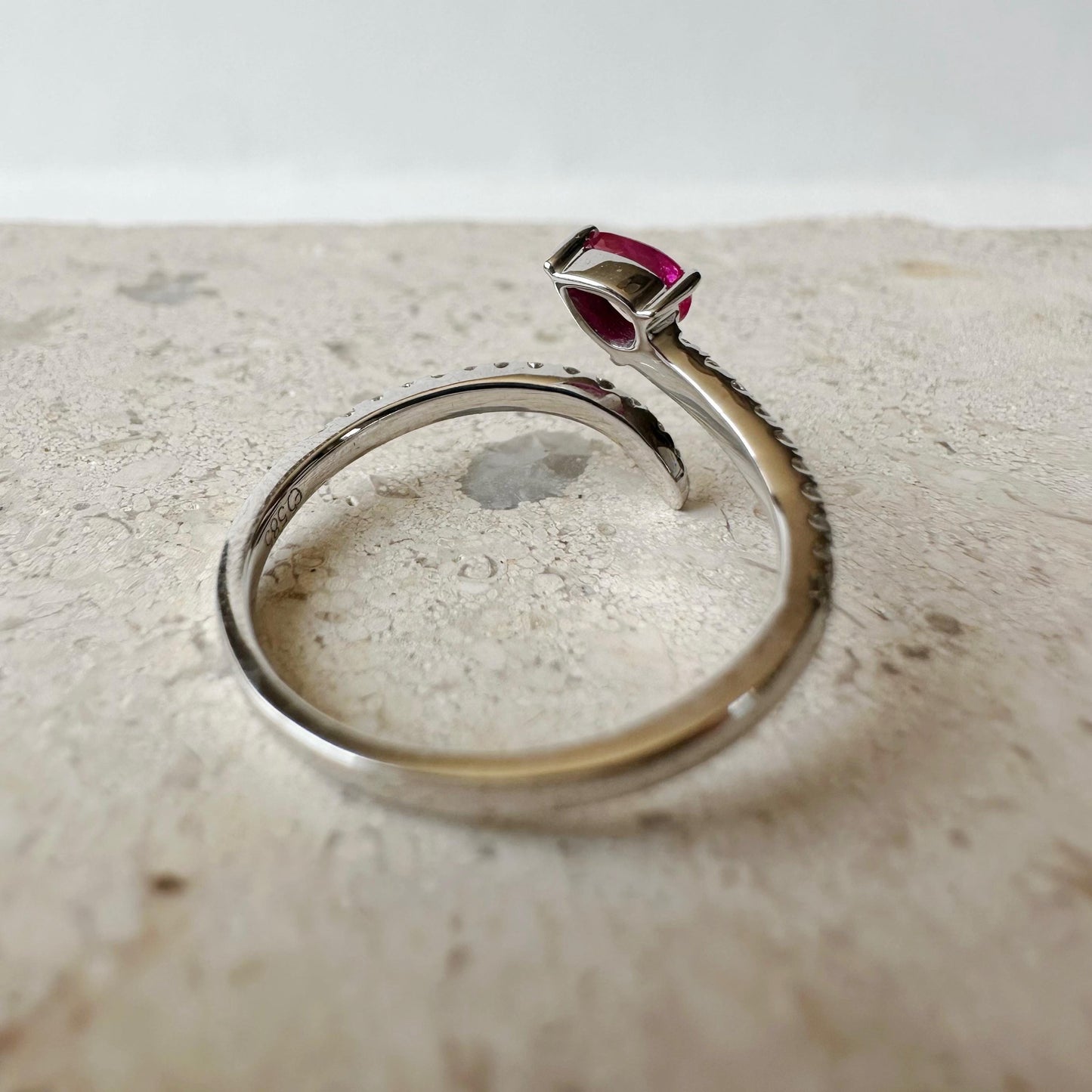 14K Solid White Gold Genuine Teardrop Ruby and Diamond Open Ring