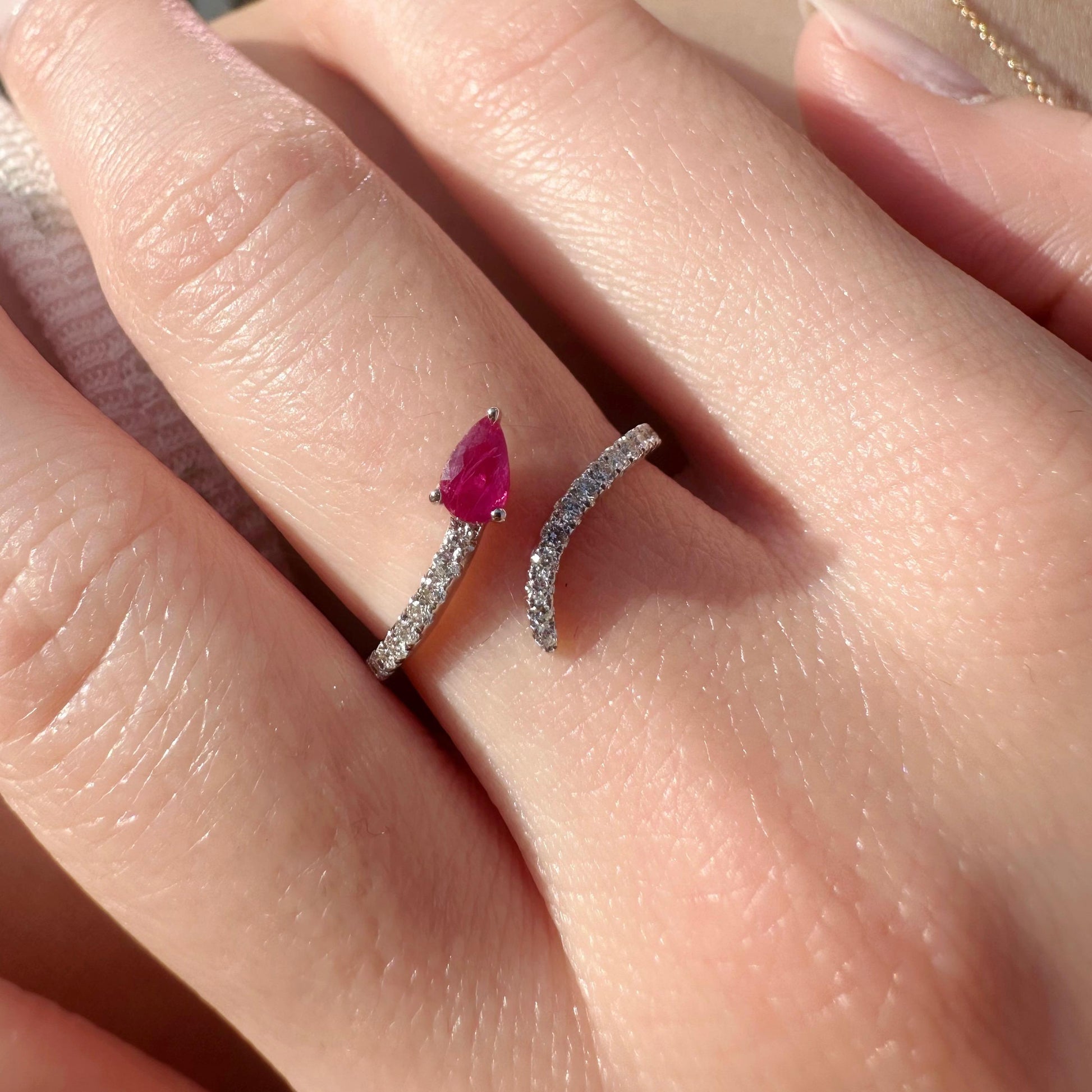 14K Solid White Gold Genuine Teardrop Ruby and Diamond Open Ring