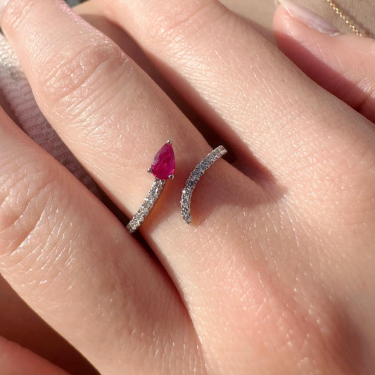 14K Solid White Gold Genuine Teardrop Ruby and Diamond Open Ring