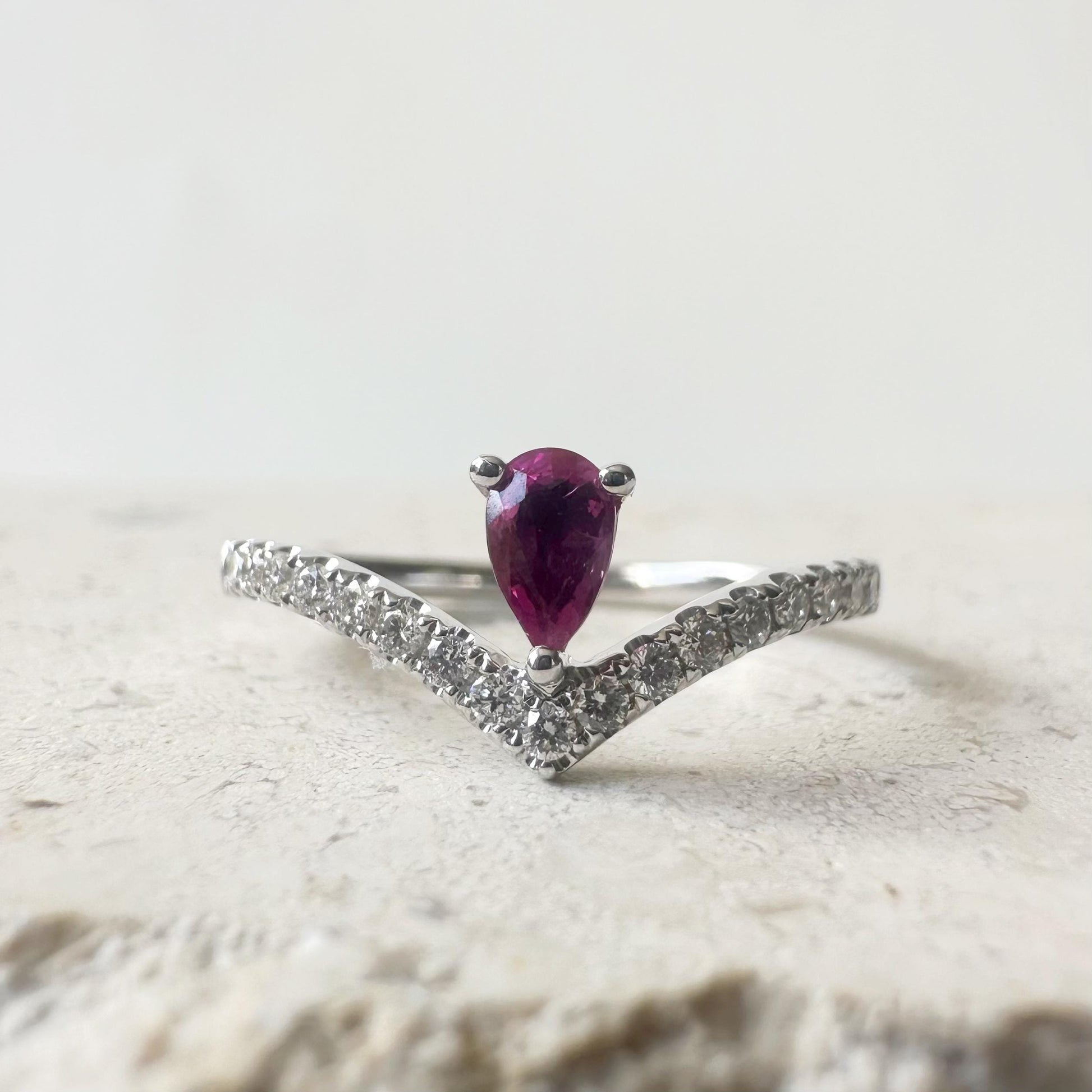 14K Solid White Gold Genuine Teardrop Ruby and Diamond Wishbone Ring