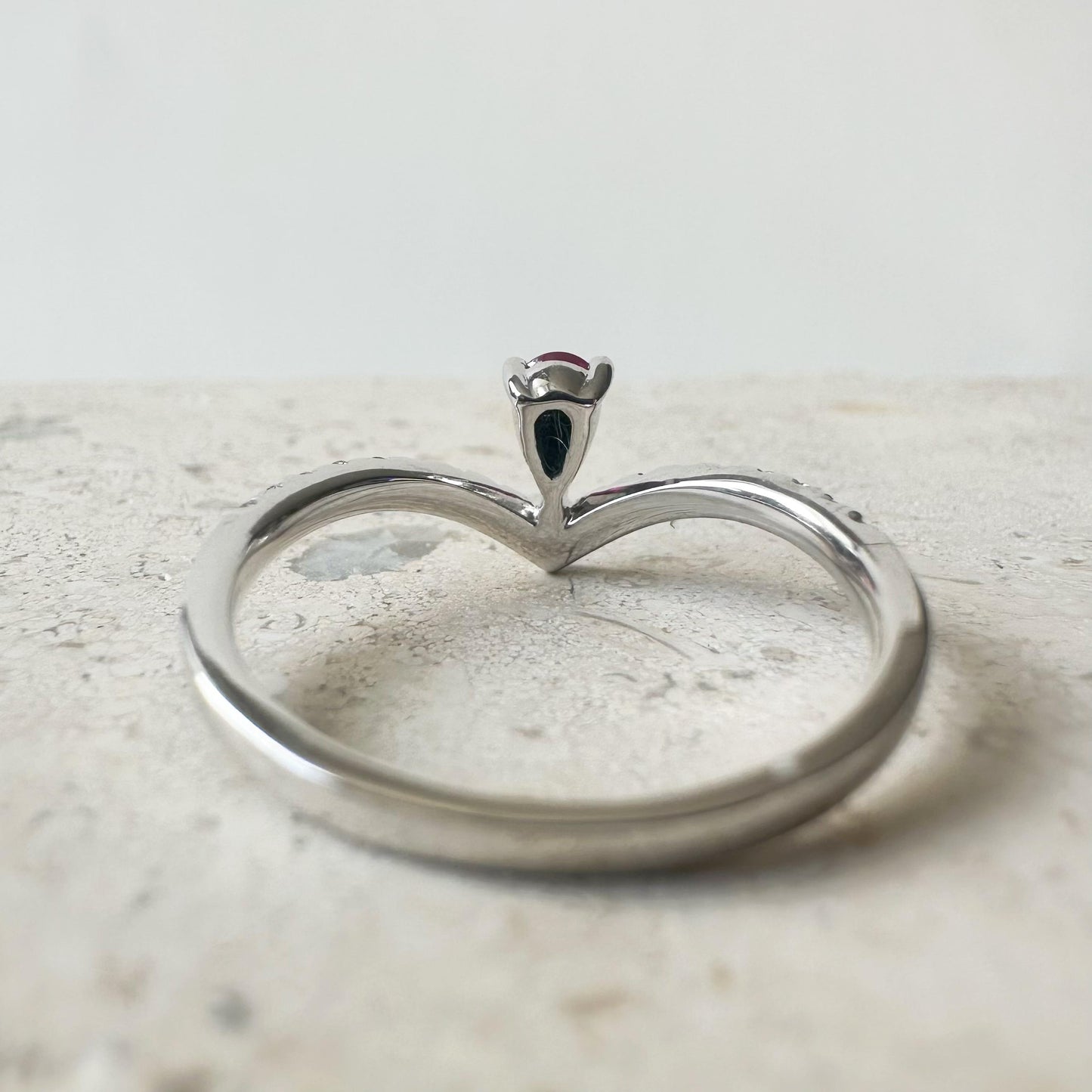 14K Solid White Gold Genuine Teardrop Ruby and Diamond Wishbone Ring