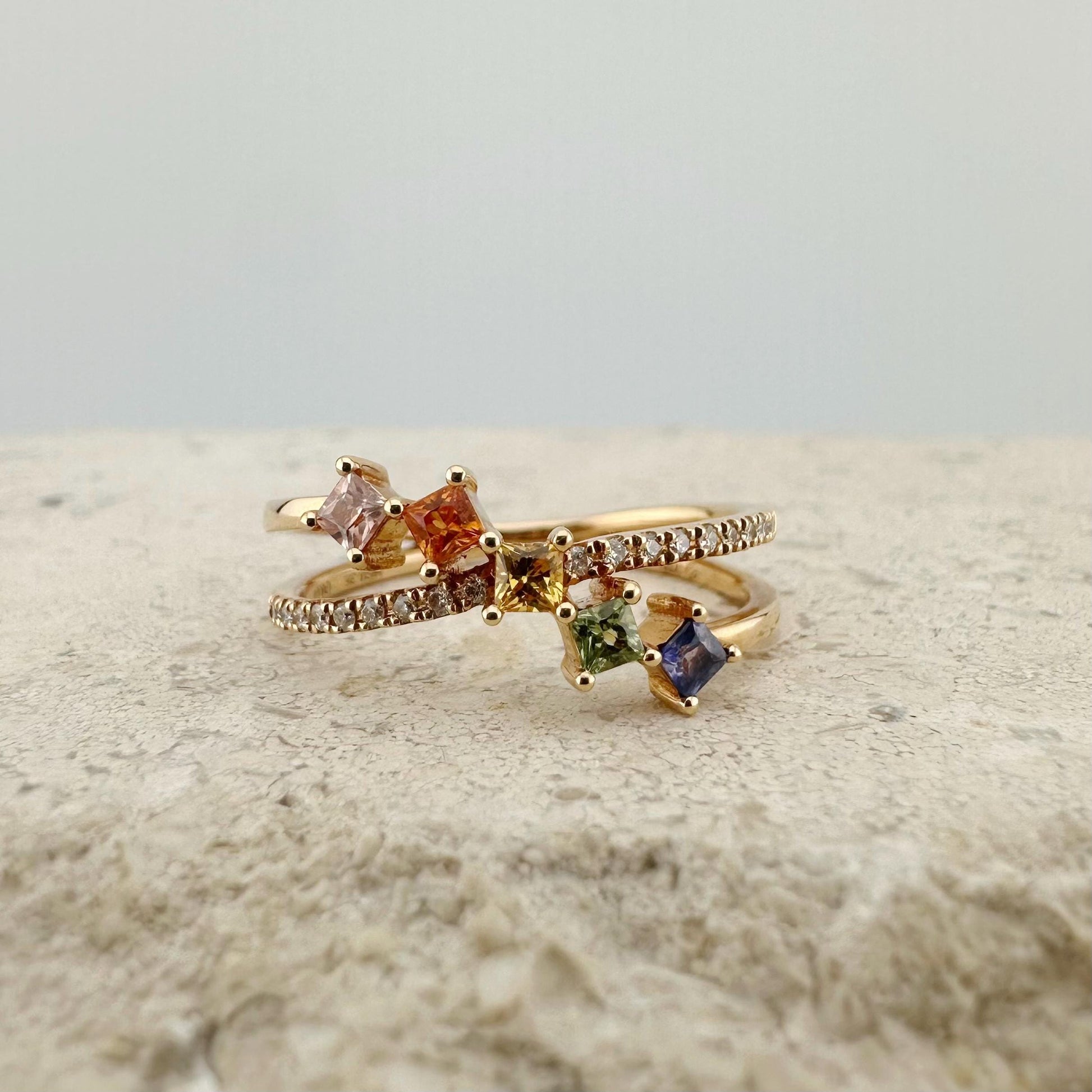 18K Solid Rose Gold Genuine Color Sapphire and Diamond Crossover Ring