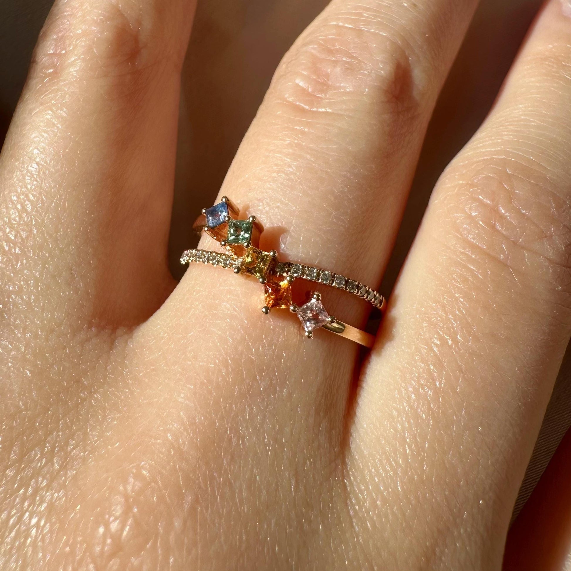 18K Solid Rose Gold Genuine Color Sapphire and Diamond Crossover Ring